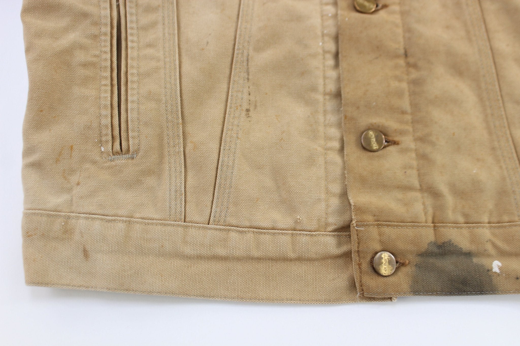 Vintage Carhartt Logo Patch Tan Blanket Lined Trucker Jacket - ThriftedThreads.com