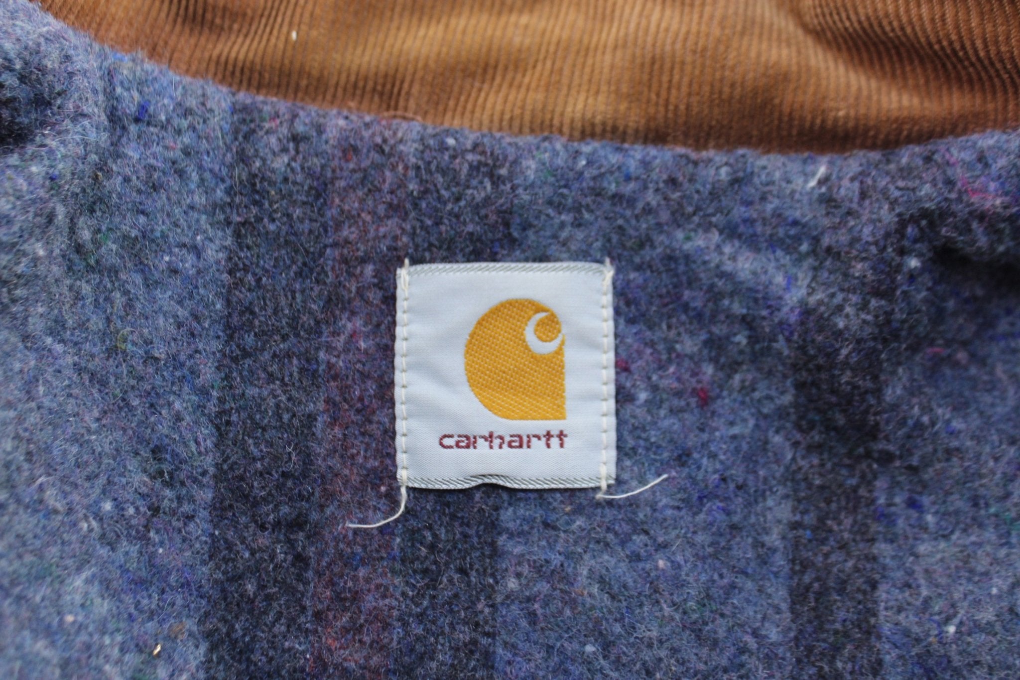 Vintage Carhartt Logo Patch Tan Blanket Lined Trucker Jacket - ThriftedThreads.com