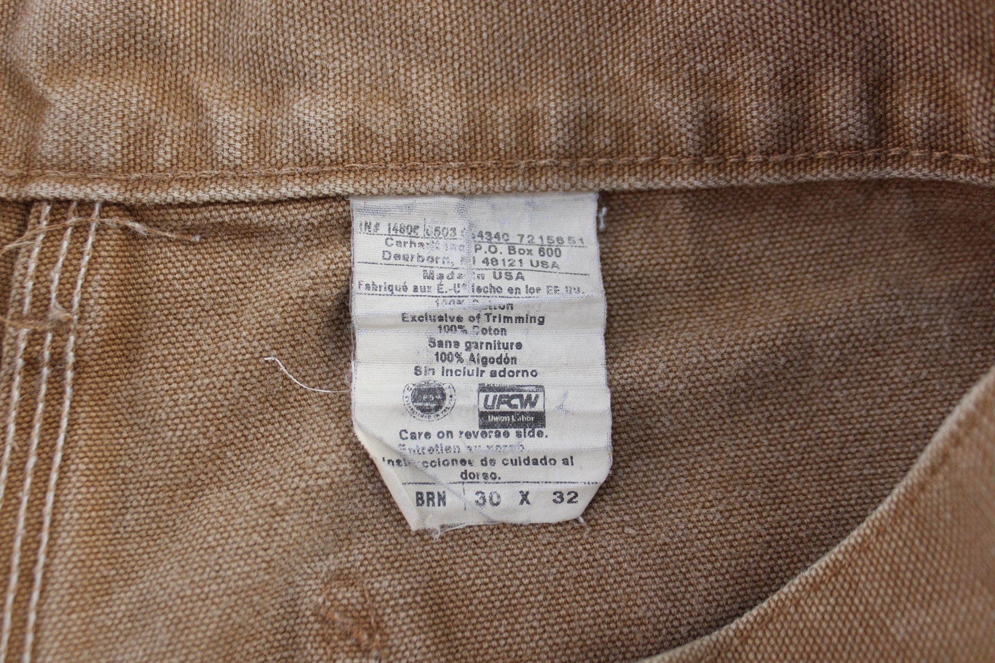 Vintage Carhartt Logo Patch Tan Washed Duck Work Pants - ThriftedThreads.com