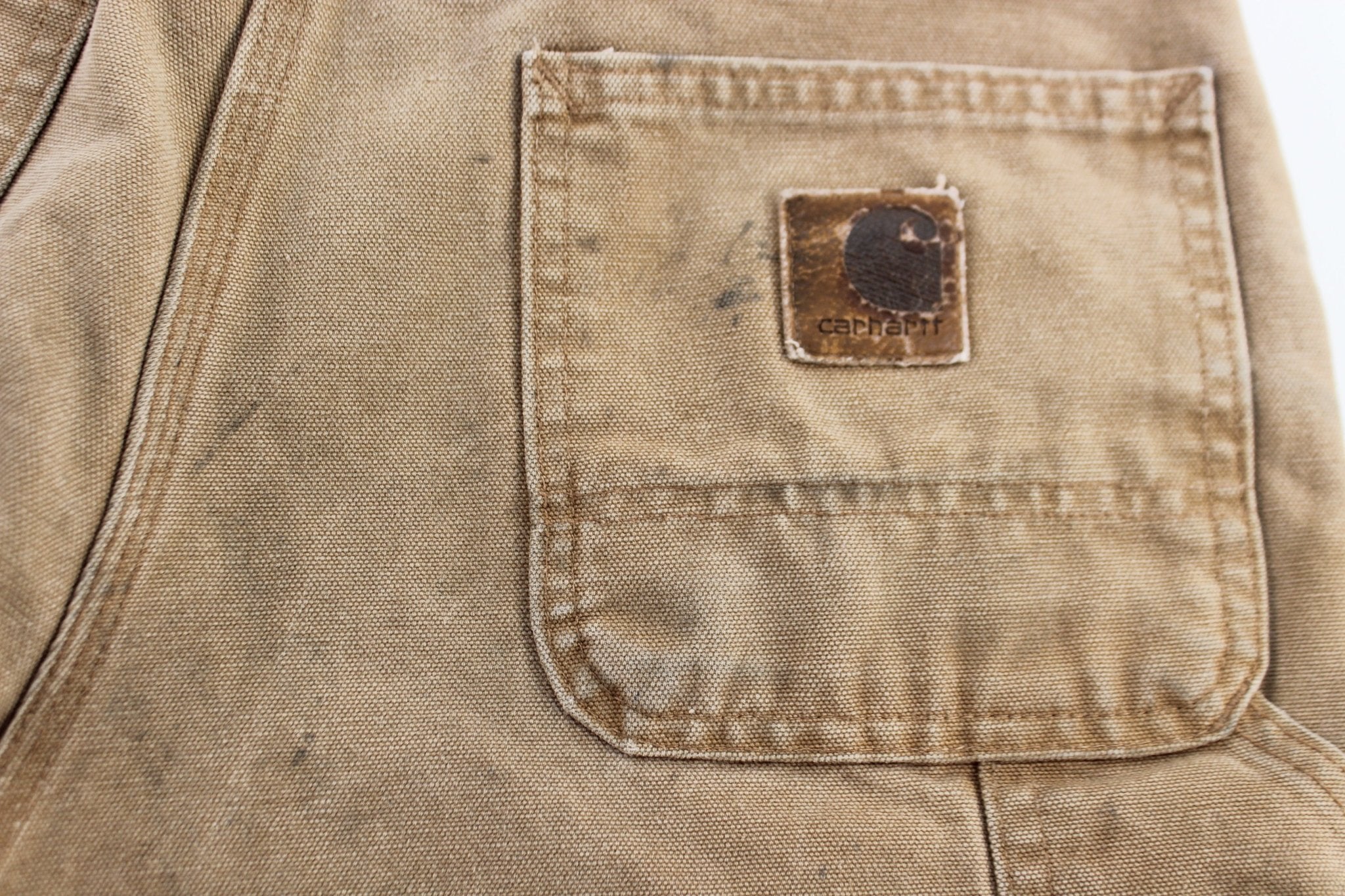 Vintage Carhartt Logo Patch Tan Washed Duck Work Pants - ThriftedThreads.com
