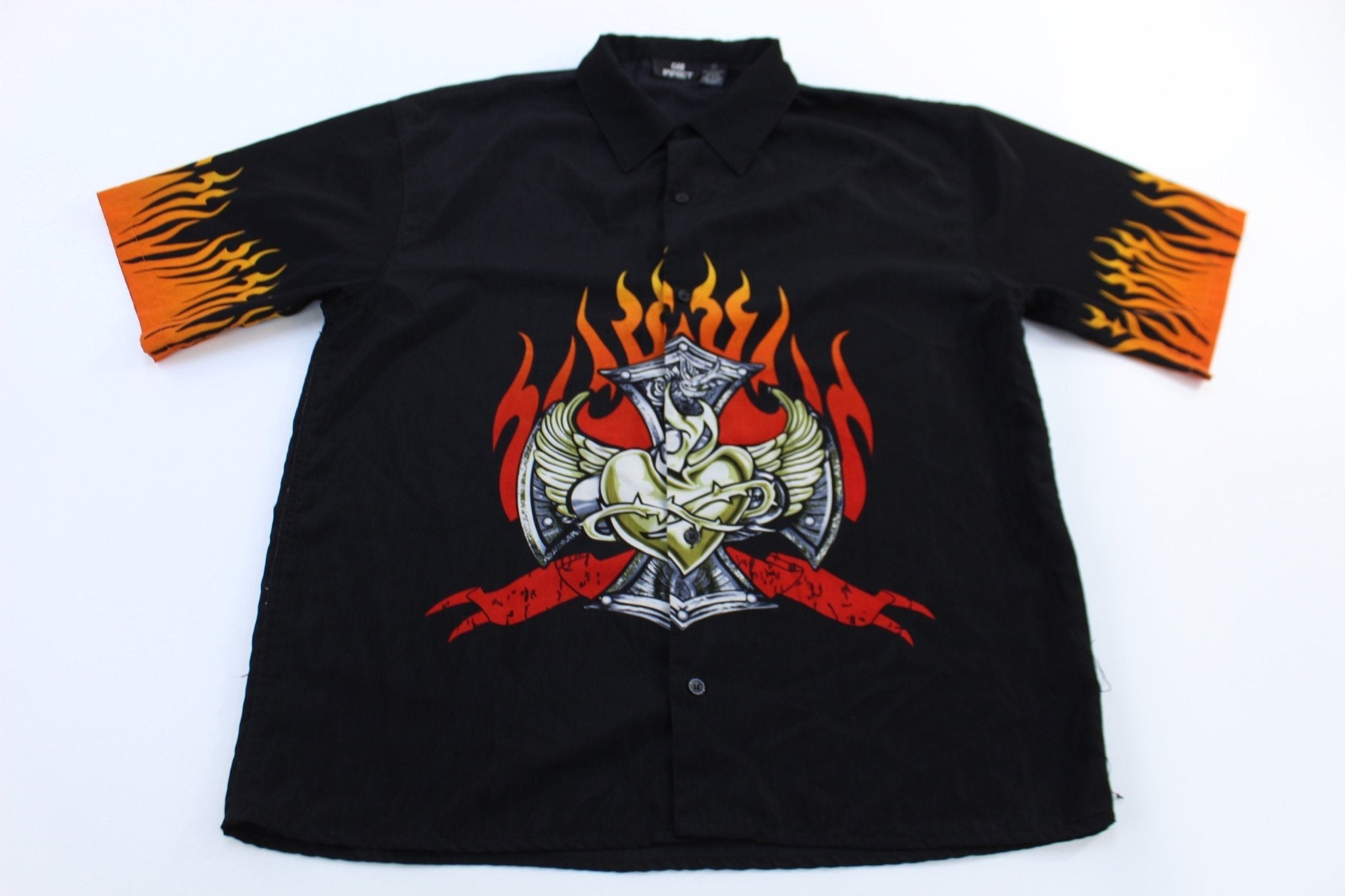 Vintage City Impact Heart Flame Graphic Button Down - Button Ups/Downs - Thrifted Threads