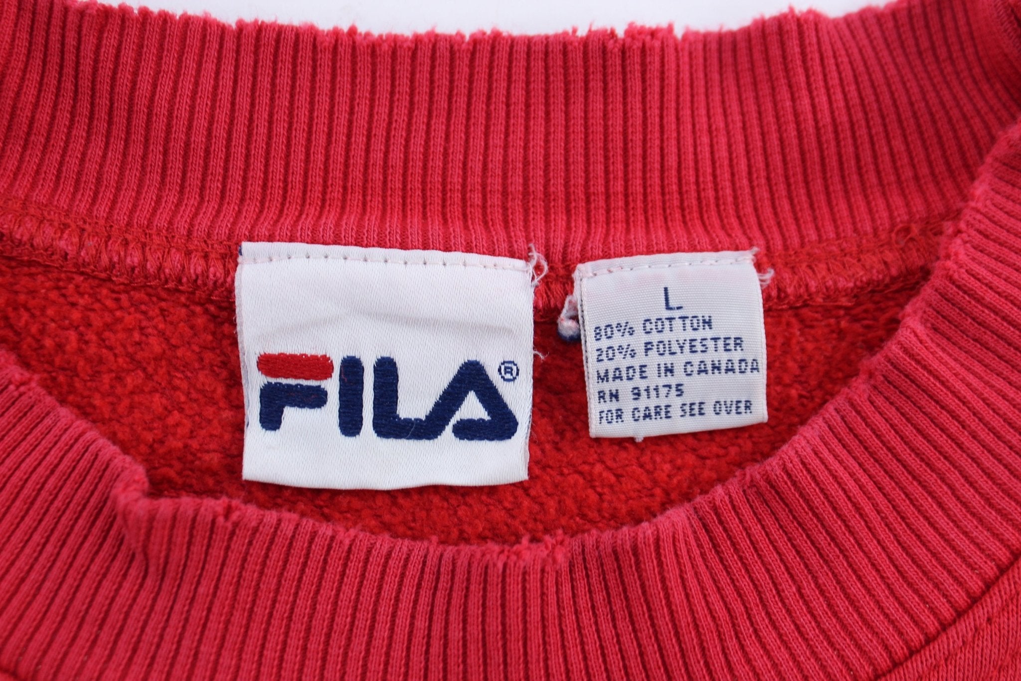Vintage Fila Embroidered Spellout Logo Red Sweatshirt - ThriftedThreads.com