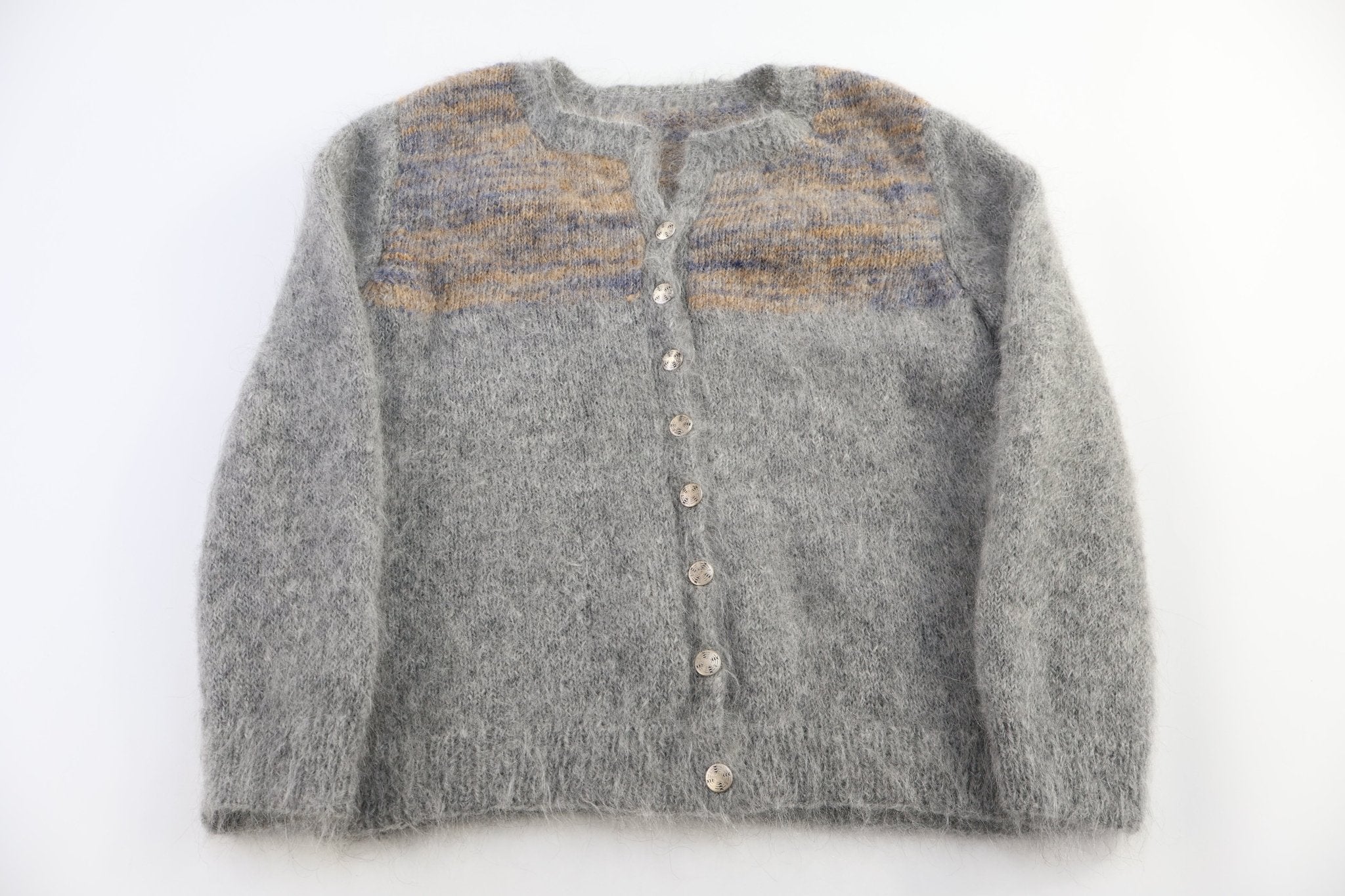 vintage Grey, Gold & Blue Mohair Cardigan Sweater - Sweater - Thrifted Threads
