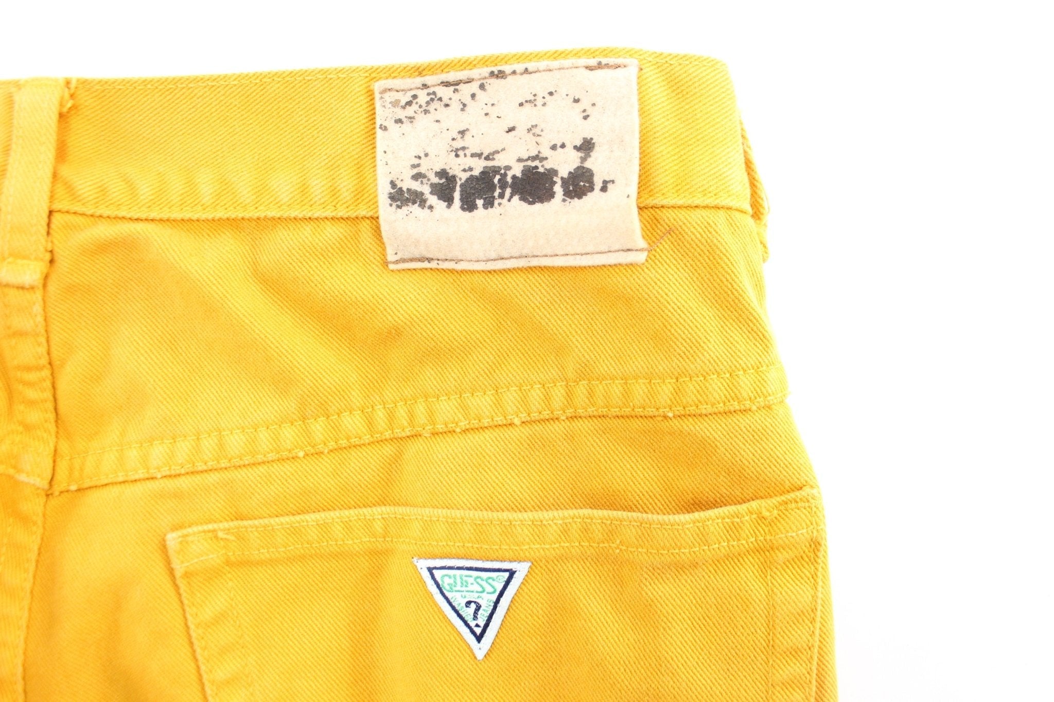 Vintage Guess Logo Patch Yellow Wash Denim Shorts - ThriftedThreads.com
