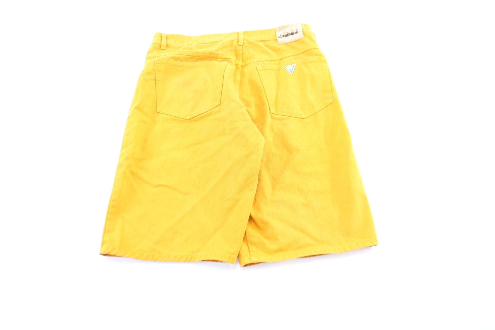 Vintage Guess Logo Patch Yellow Wash Denim Shorts - ThriftedThreads.com