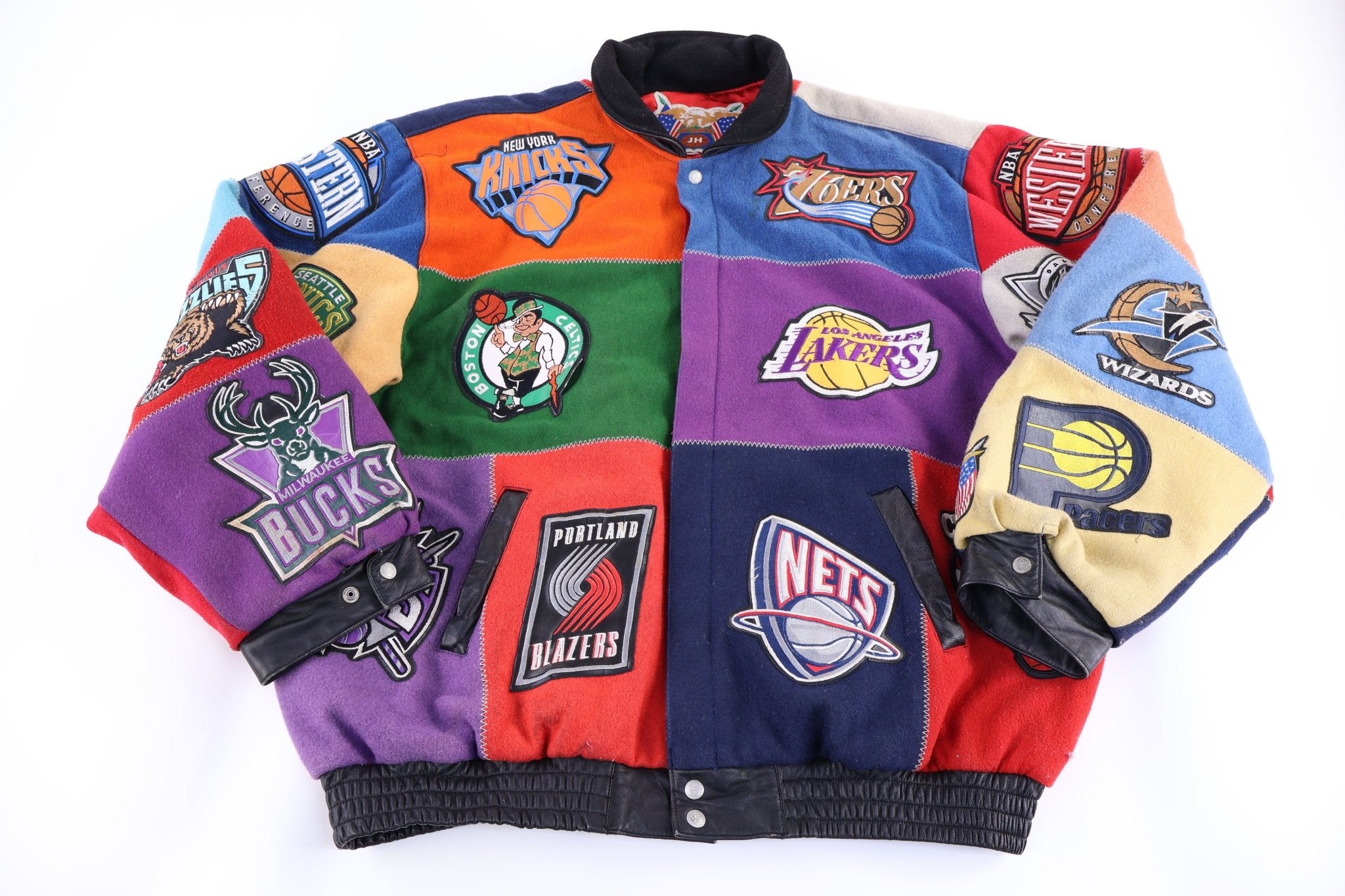 Vintage Jeff Hamilton NBA Teams Patchwork Wool Bomber Jacket - Jacket - Thrifted Threads
