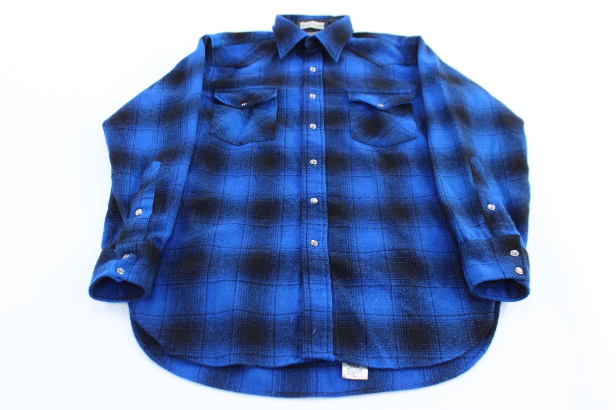 Vintage Pendleton Woolen Mills Blue & Black Pearl Snap LS Button Down - ThriftedThreads.com