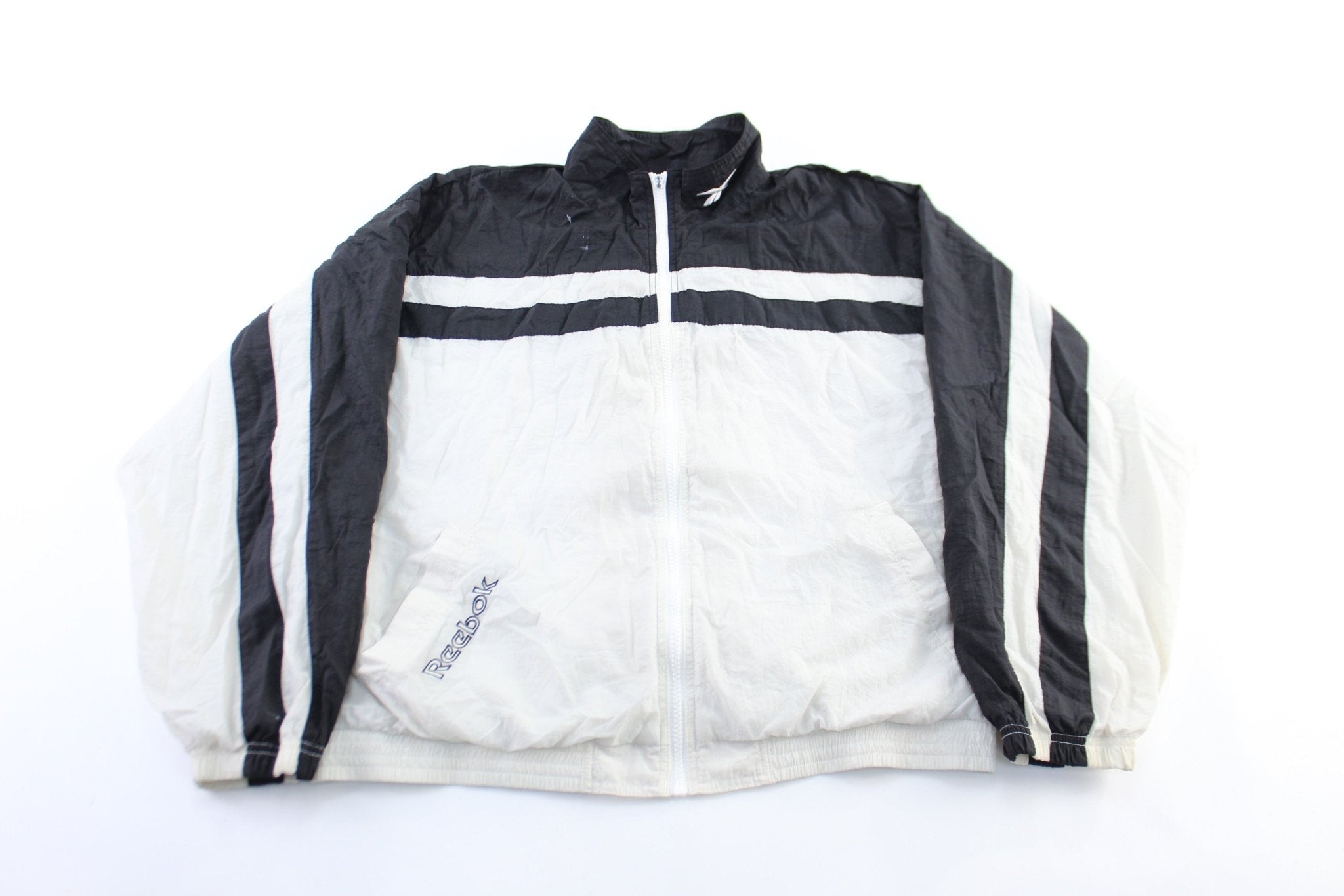 Vintage Reebok Embroidered Logo Black & White Striped Zip Up Jacket - ThriftedThreads.com