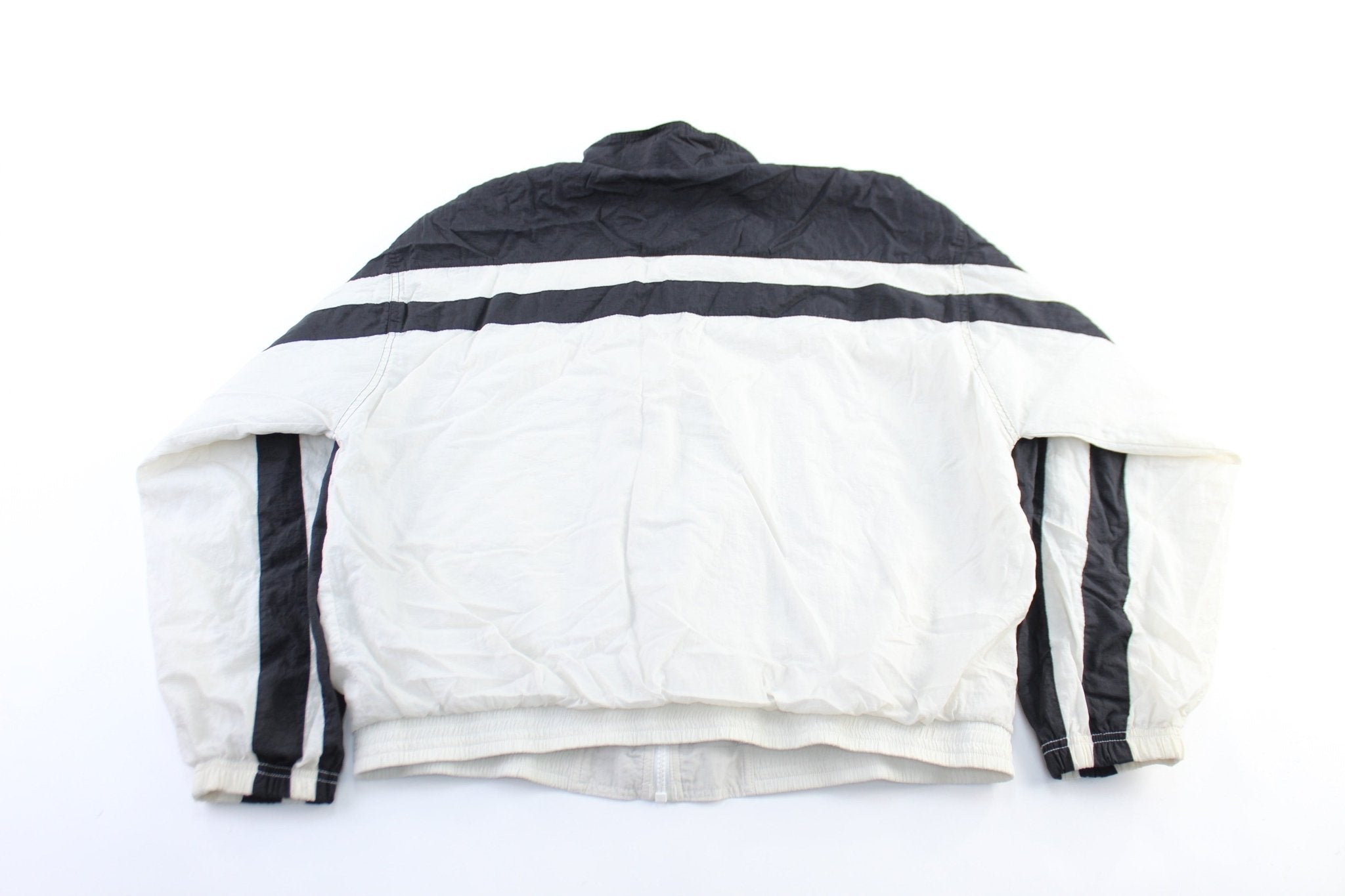 Vintage Reebok Embroidered Logo Black & White Striped Zip Up Jacket - ThriftedThreads.com