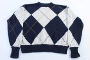 Vintage Structure White & Blue Patterned Knit Sweater - ThriftedThreads.com