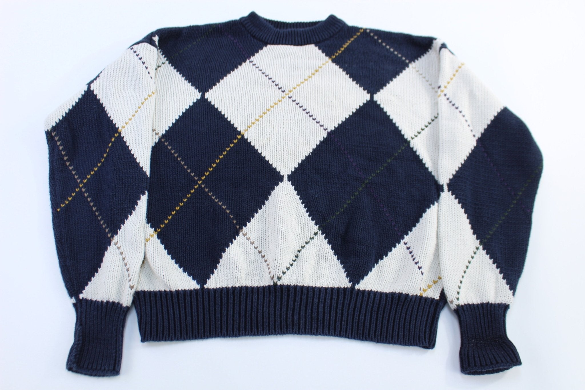 Vintage Structure White & Blue Patterned Knit Sweater - ThriftedThreads.com