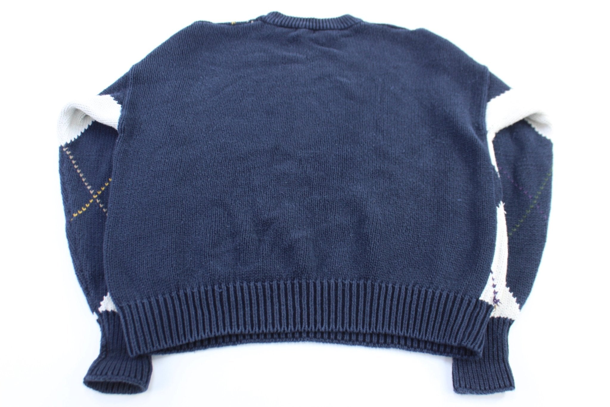 Vintage Structure White & Blue Patterned Knit Sweater - ThriftedThreads.com