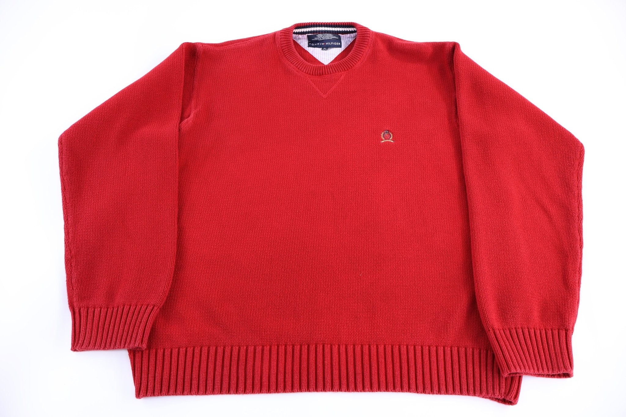 Vintage Tommy Hilfiger Red Embroidered Logo Knit Sweater - Sweater - Thrifted Threads