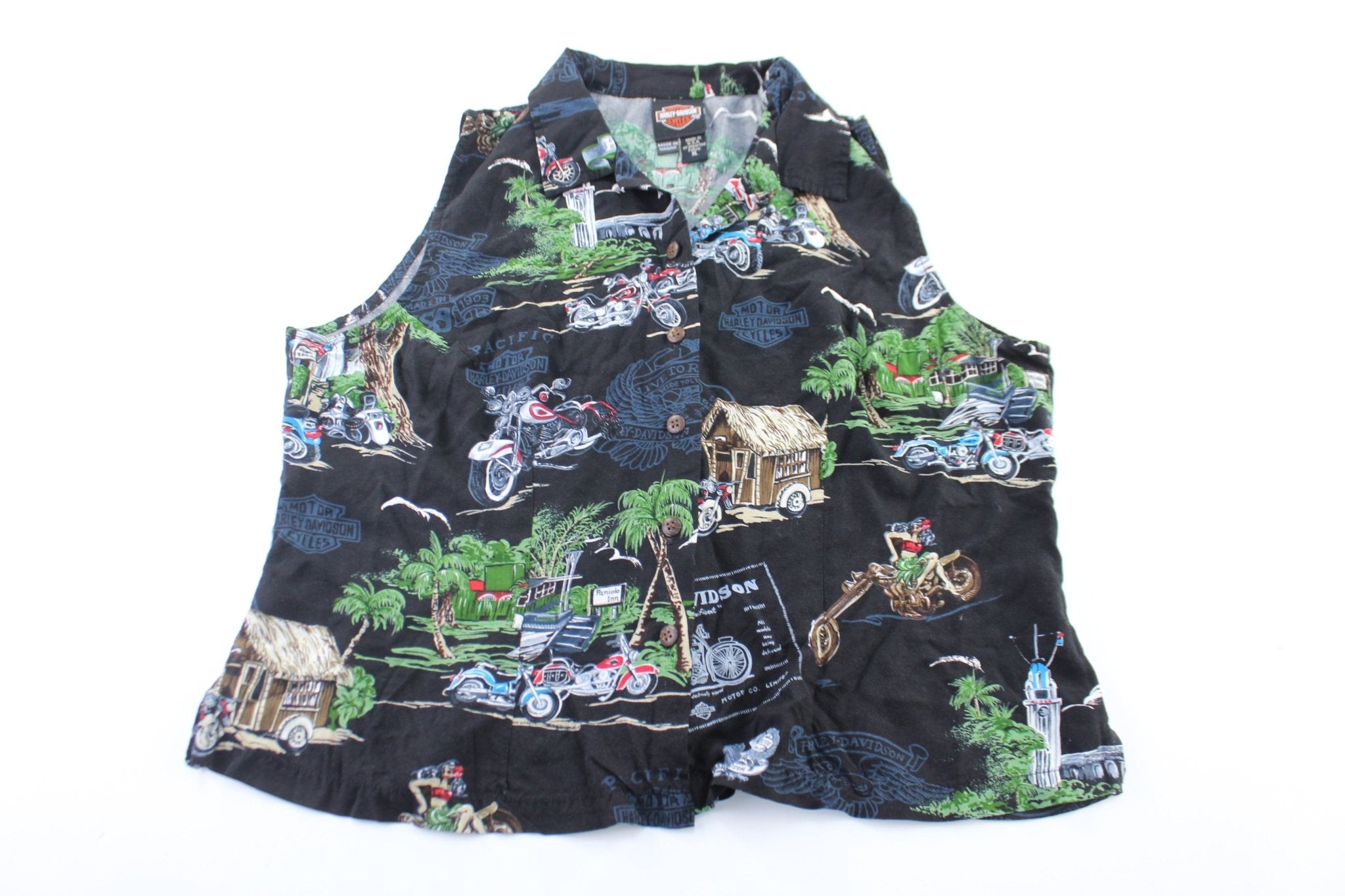 Vintage Women's Harley Davidson Motorcycles Hawaiian Button Down - ThriftedThreads.com