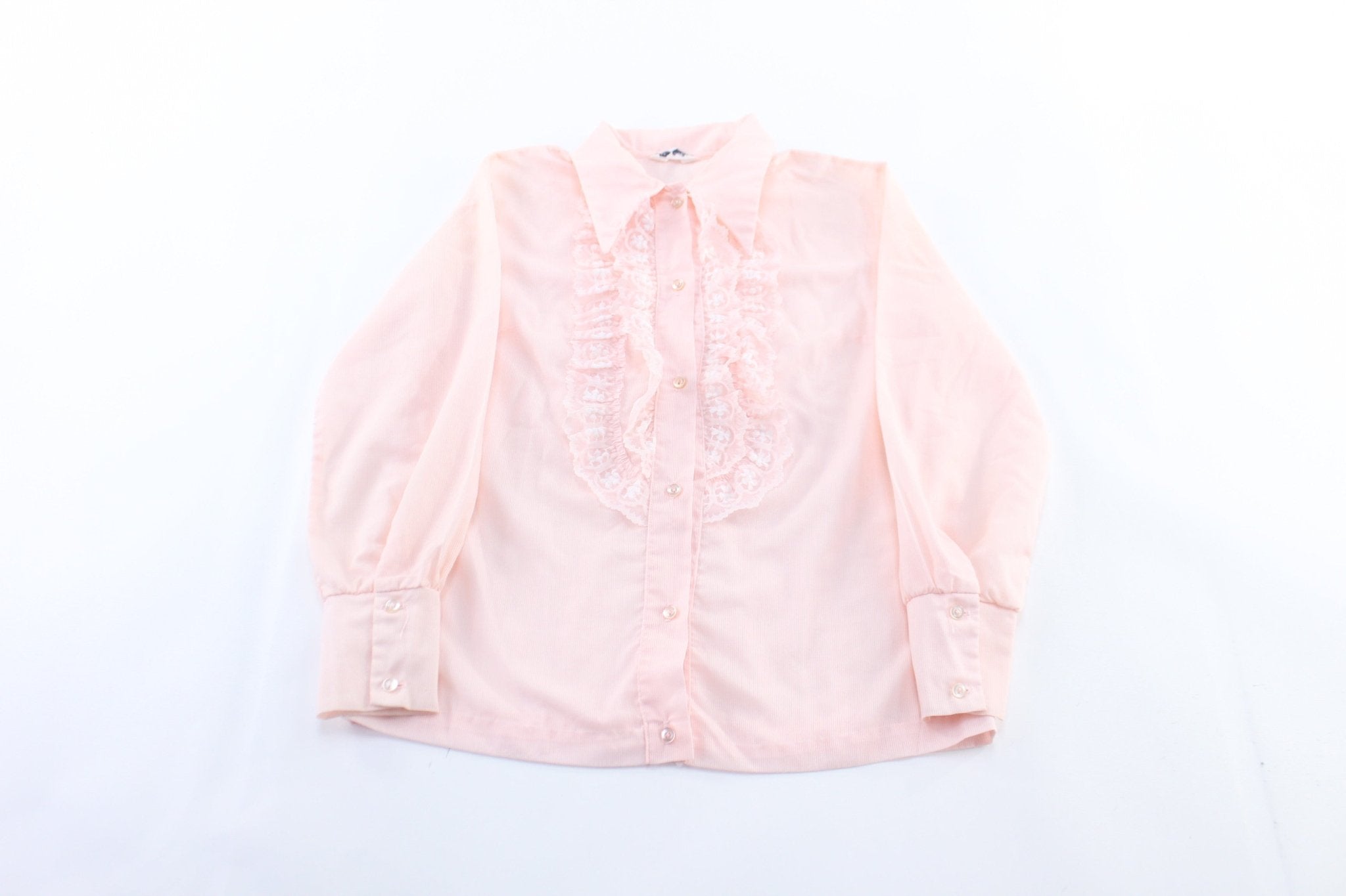 Vintage Women's New Fashion Creations Pink Tuxedo Ruffle Shirt - ThriftedThreads.com