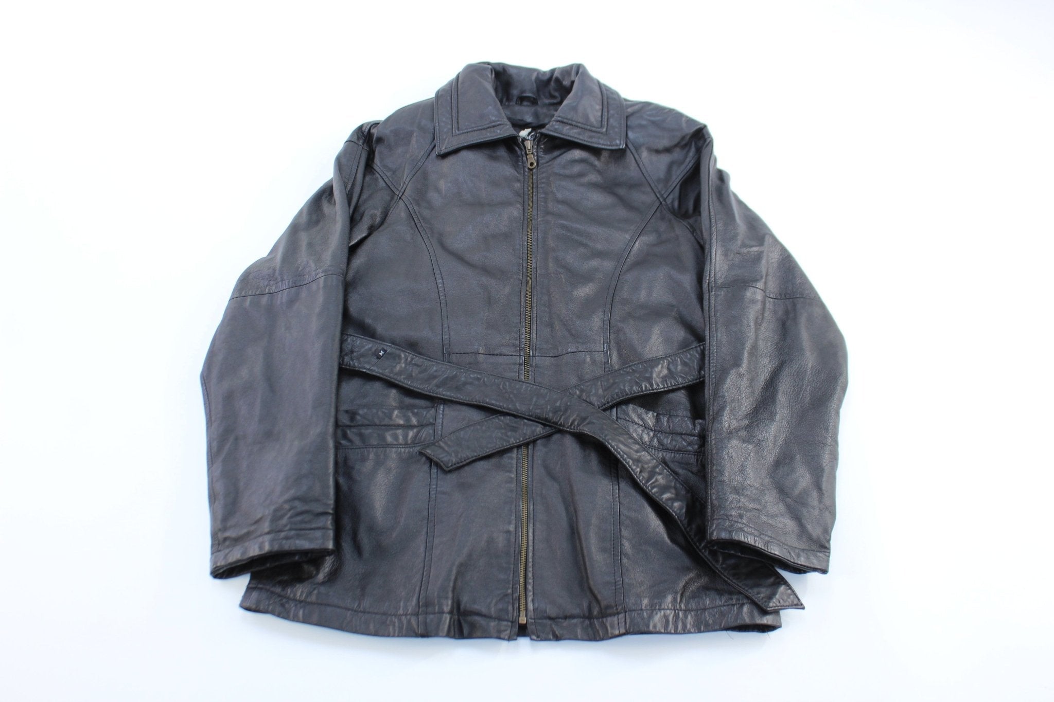 Wilson's The Leather Experts Black Leather Belted Coat - Jacket - Thrifted Threads