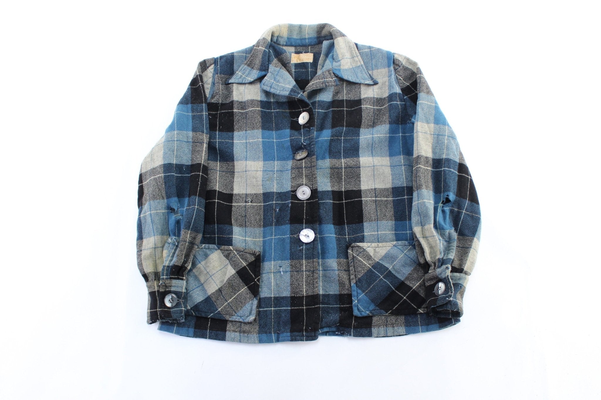 Women's 50's Pendleton Woolen Mills Blue & Black Plaid Coat - Jacket - Thrifted Threads