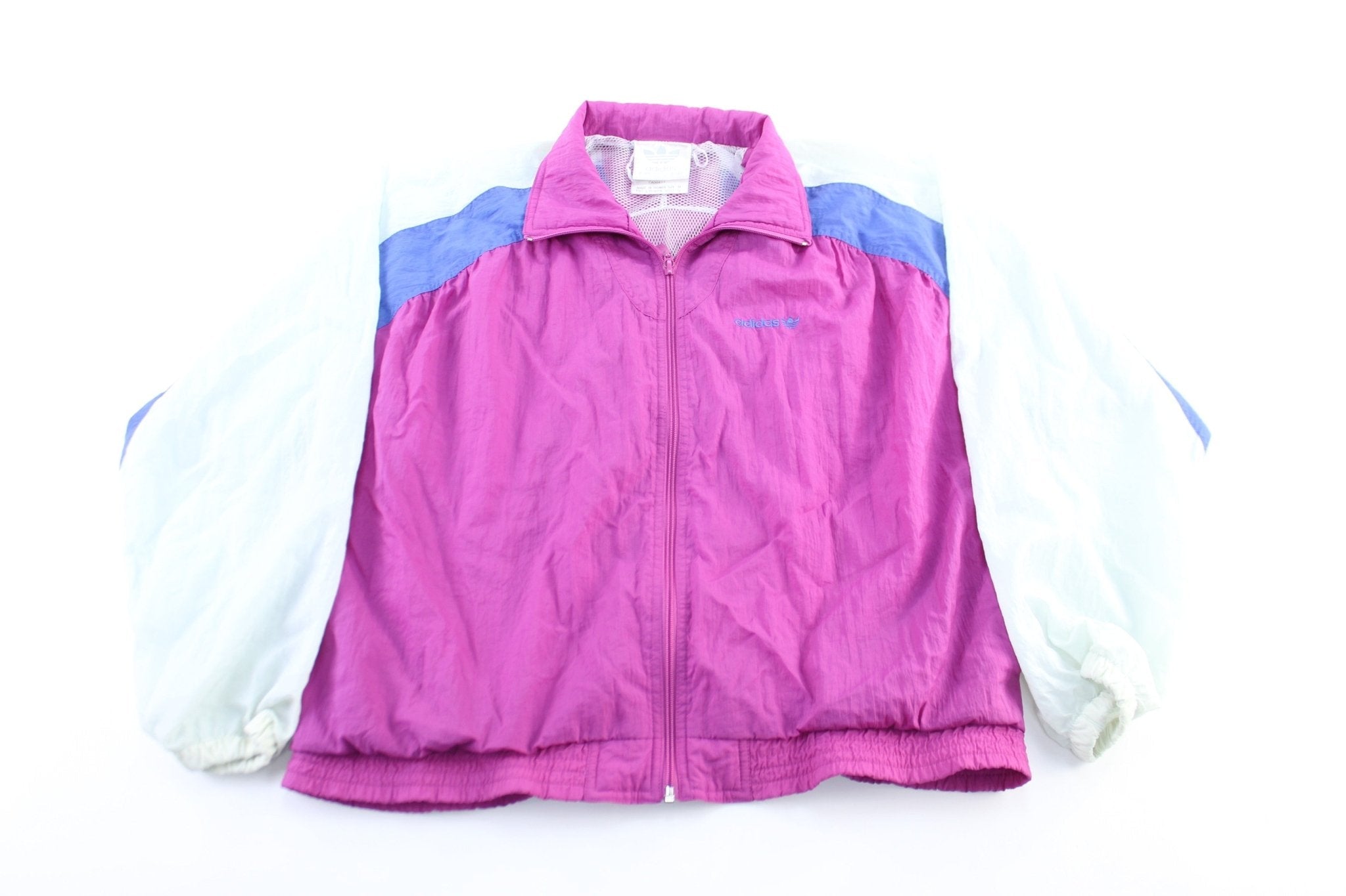 Women's 80's Adidas Embroidered Logo White, Blue, & Purple Zip Up Jacket - Jacket - Thrifted Threads
