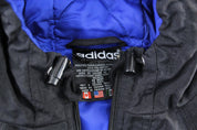 Women's 90's Adidas Embroidered Logo Black & Blue Striped Zip Up Jacket - ThriftedThreads.com