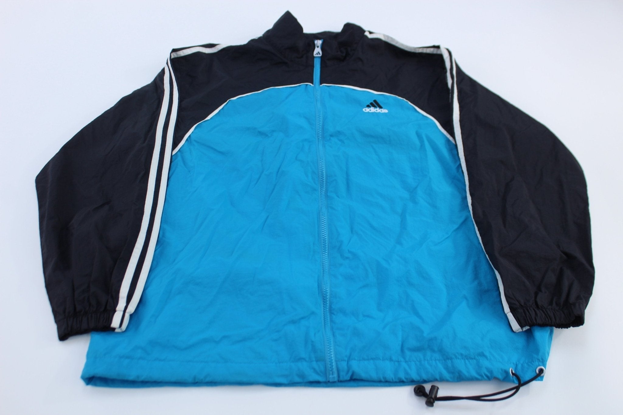 Women's 90's Adidas Embroidered Logo Blue, Black, & White Striped Jacket - Jackets - Thrifted Threads