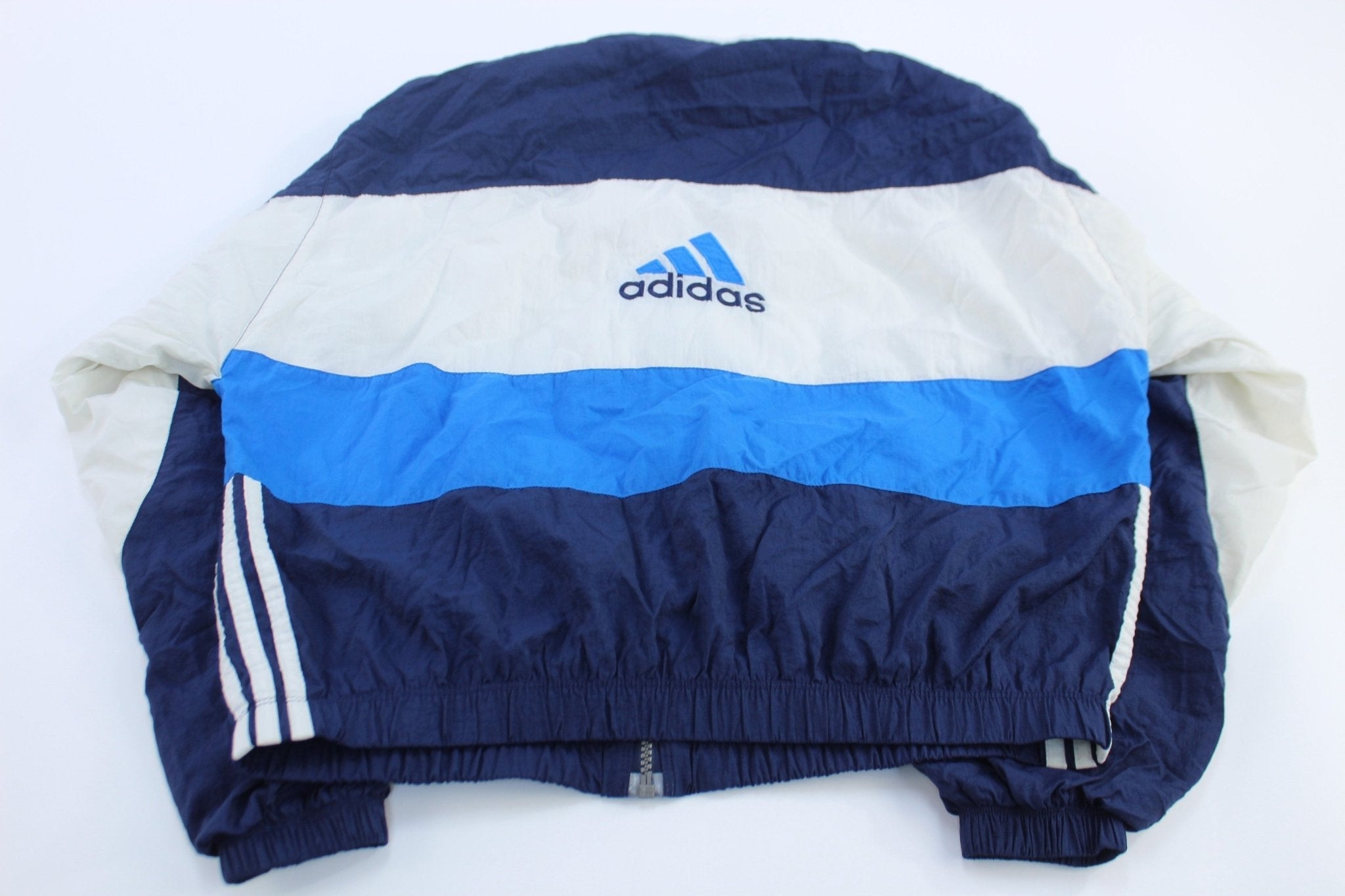 Women's 90's Adidas Embroidered Logo Blue & White Striped Zip Up Jacket - Jackets - Thrifted Threads