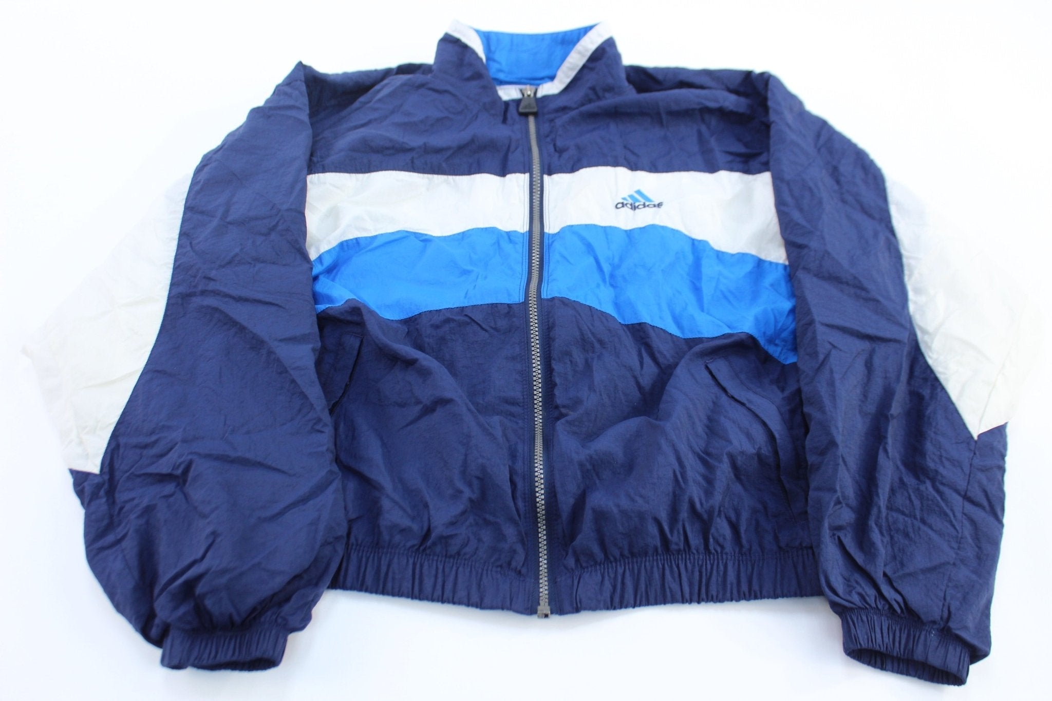 Women's 90's Adidas Embroidered Logo Blue & White Striped Zip Up Jacket - Jackets - Thrifted Threads