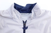 Women's 90's Adidas Trefoil Light Grey & Blue Striped Zip Up Jacket - Jacket - Thrifted Threads