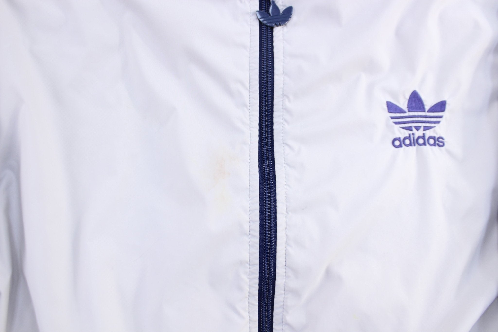 Women's 90's Adidas Trefoil Light Grey & Blue Striped Zip Up Jacket - Jacket - Thrifted Threads