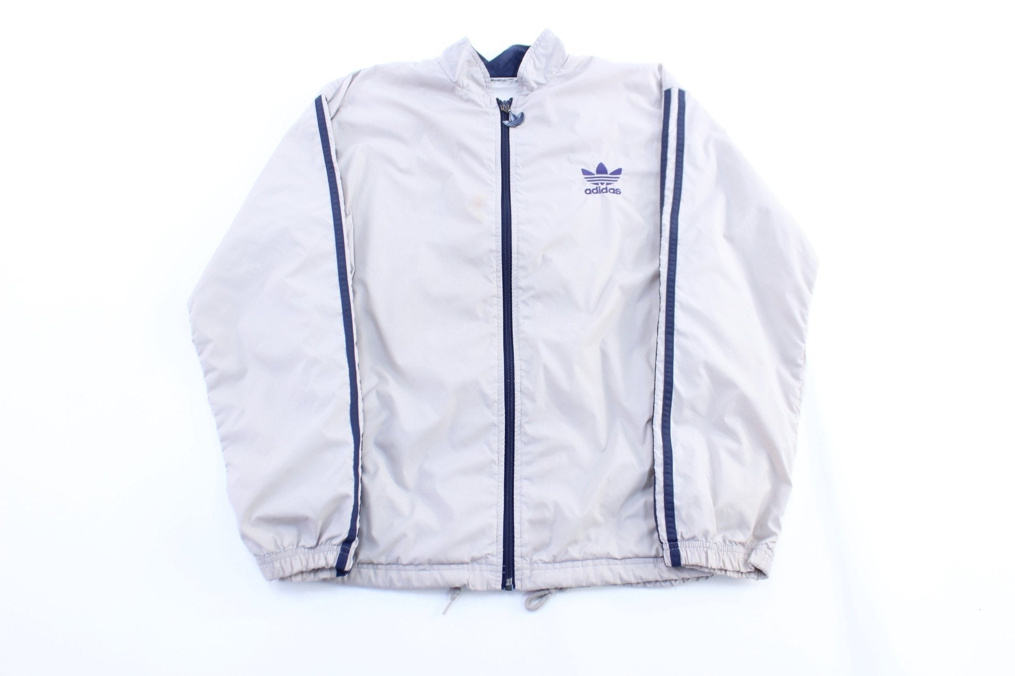 Women's 90's Adidas Trefoil Light Grey & Blue Striped Zip Up Jacket - Jacket - Thrifted Threads
