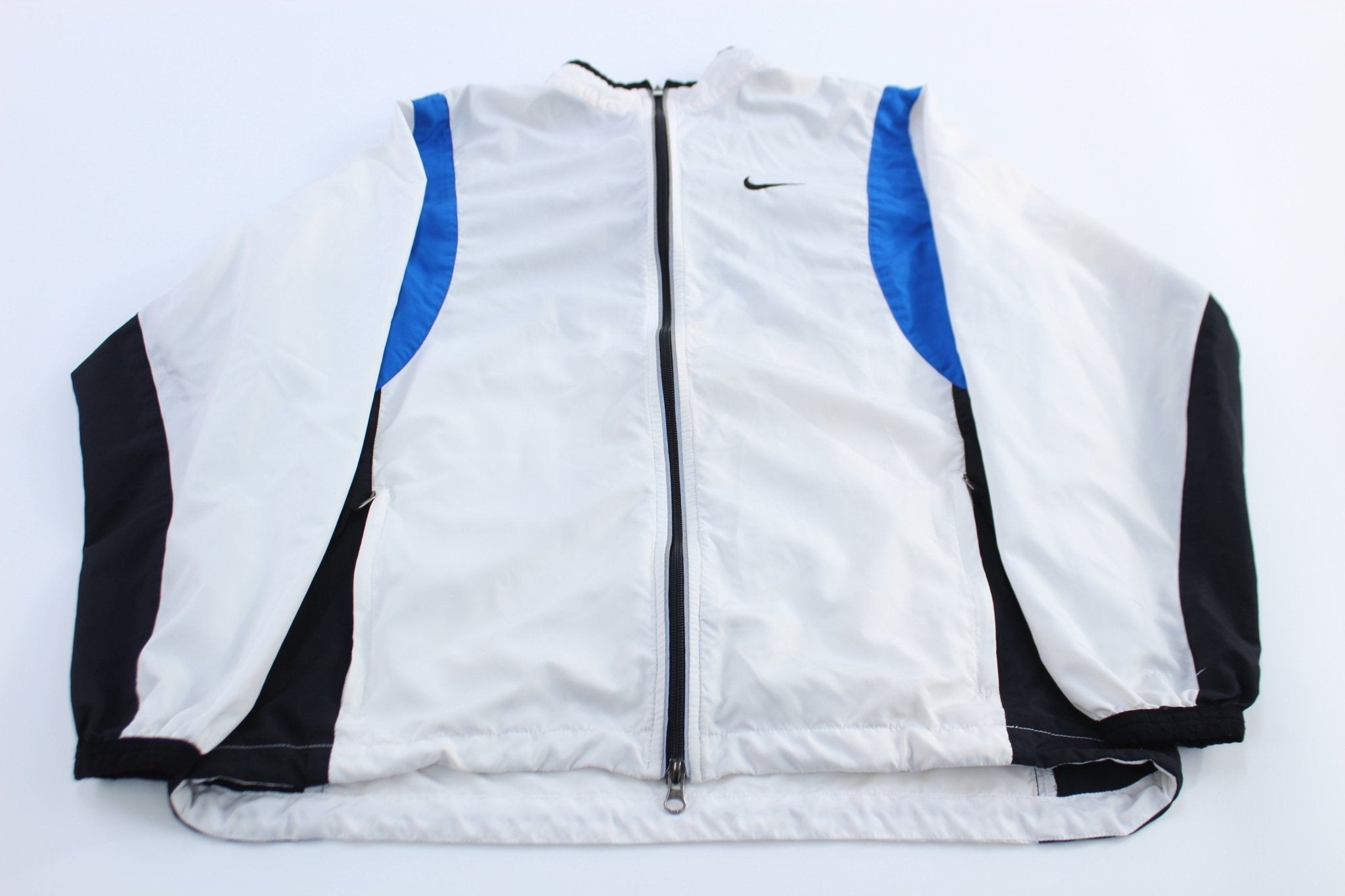 Women's 90's Nike Embroidered Logo Blue, Black, & White Zip Up Jacket - ThriftedThreads.com