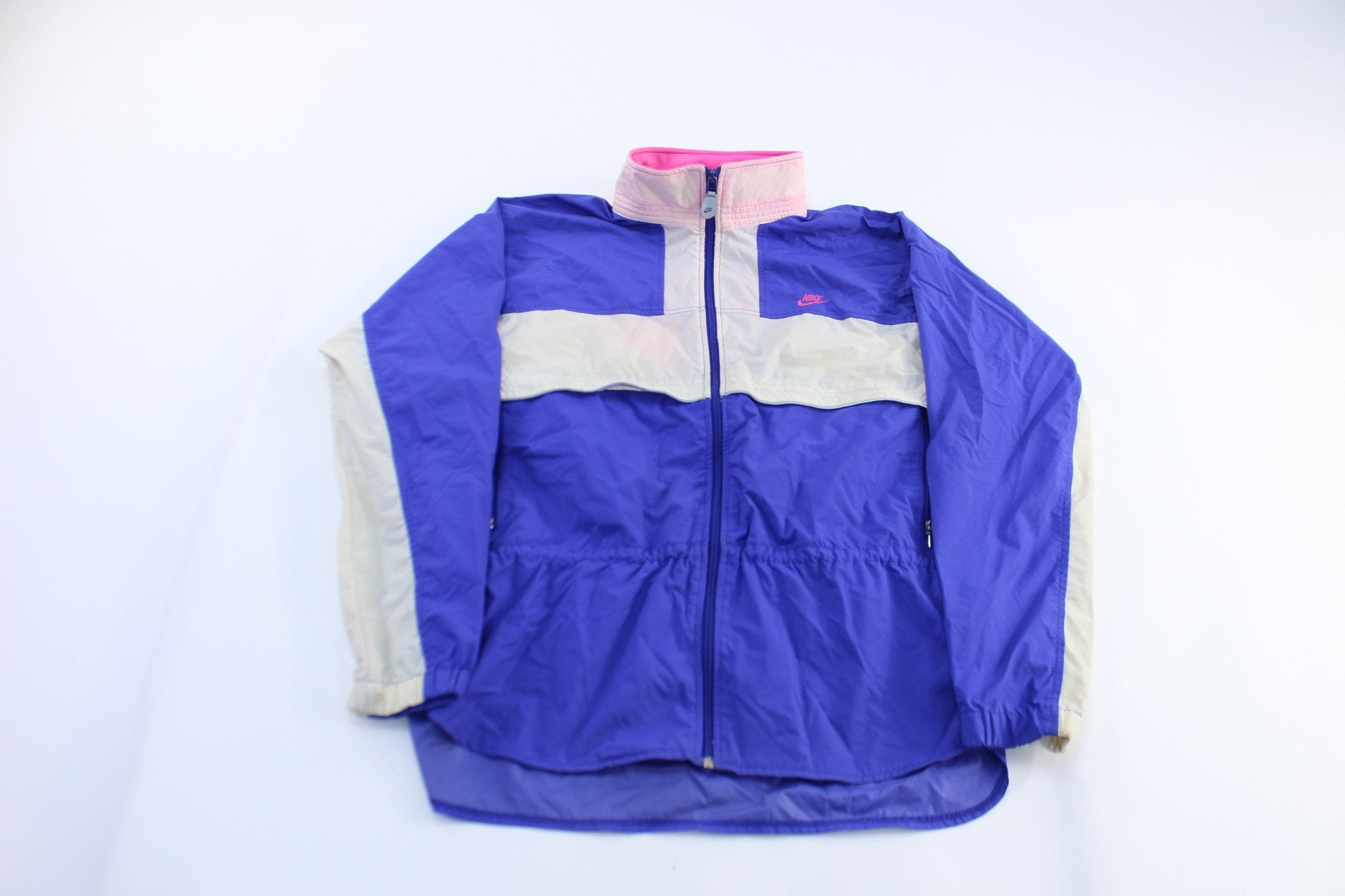 Women's 90's Nike Embroidered Logo Blue, Pink, & White Zip Up Jacket - ThriftedThreads.com