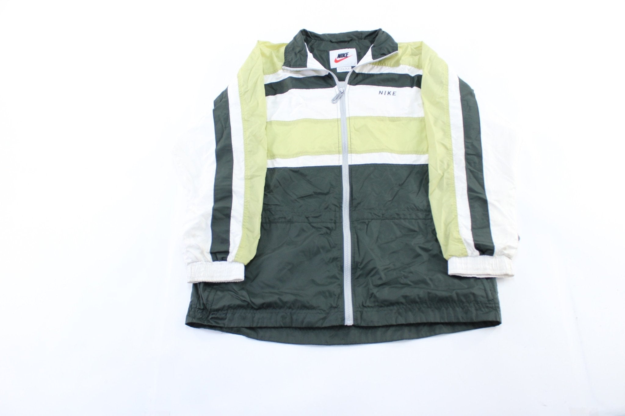 Women's 90's Nike Embroidered Logo Green & White Striped Zip Up Jacket - ThriftedThreads.com