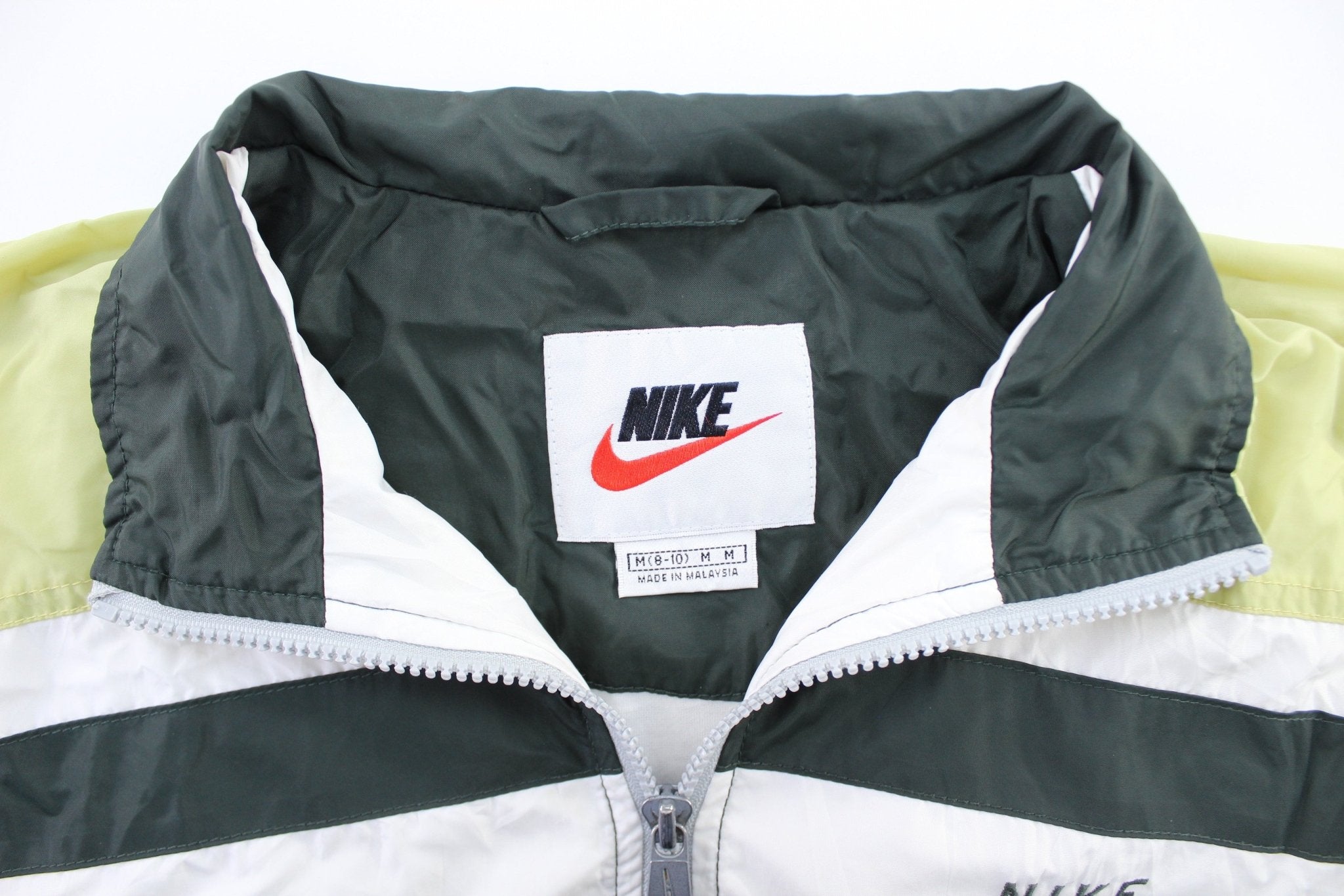 Women's 90's Nike Embroidered Logo Green & White Striped Zip Up Jacket - ThriftedThreads.com