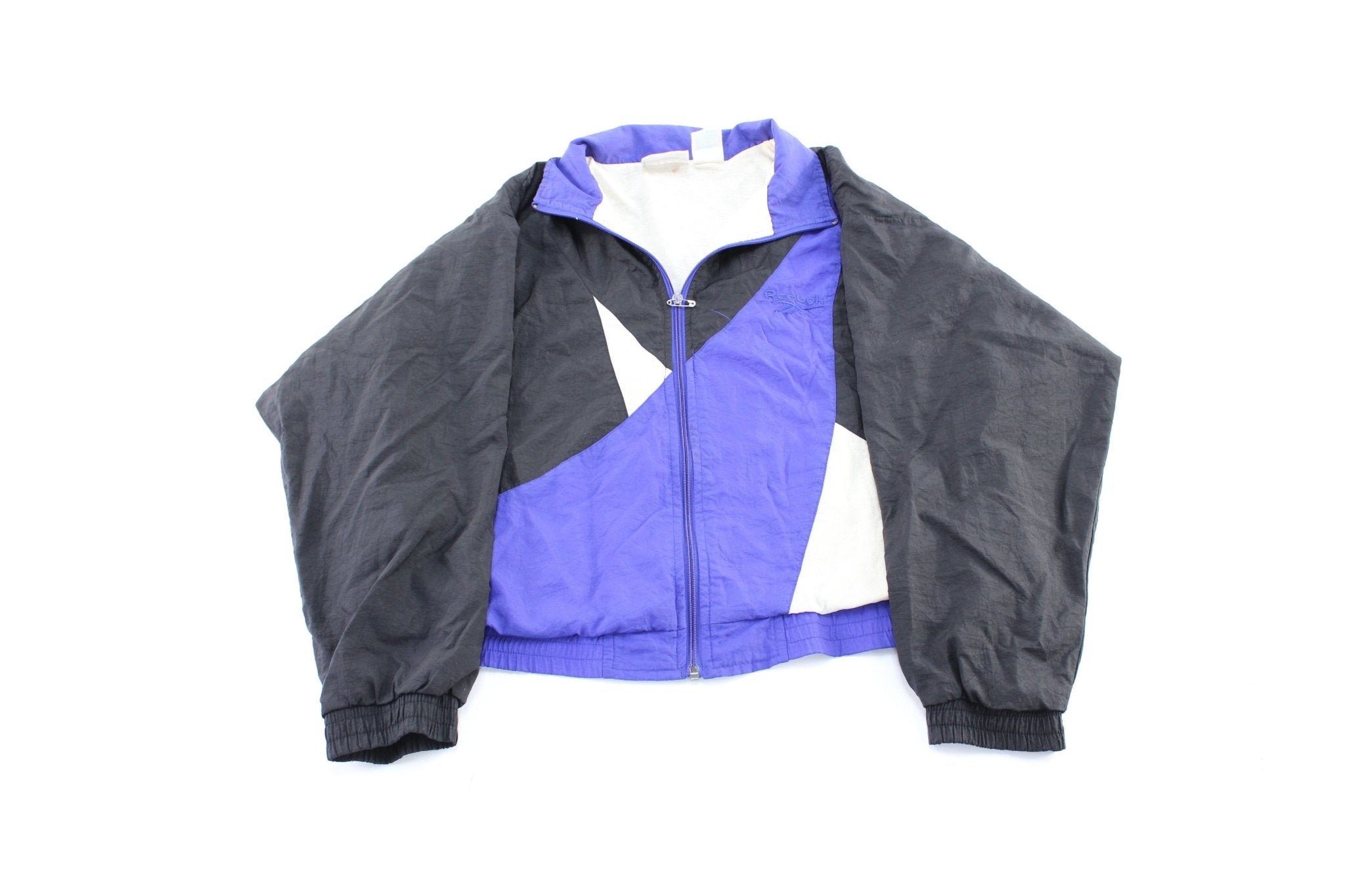 Women's 90's Reebok Embroidered Logo Black, Blue, & White Zip Up Jacket - ThriftedThreads.com