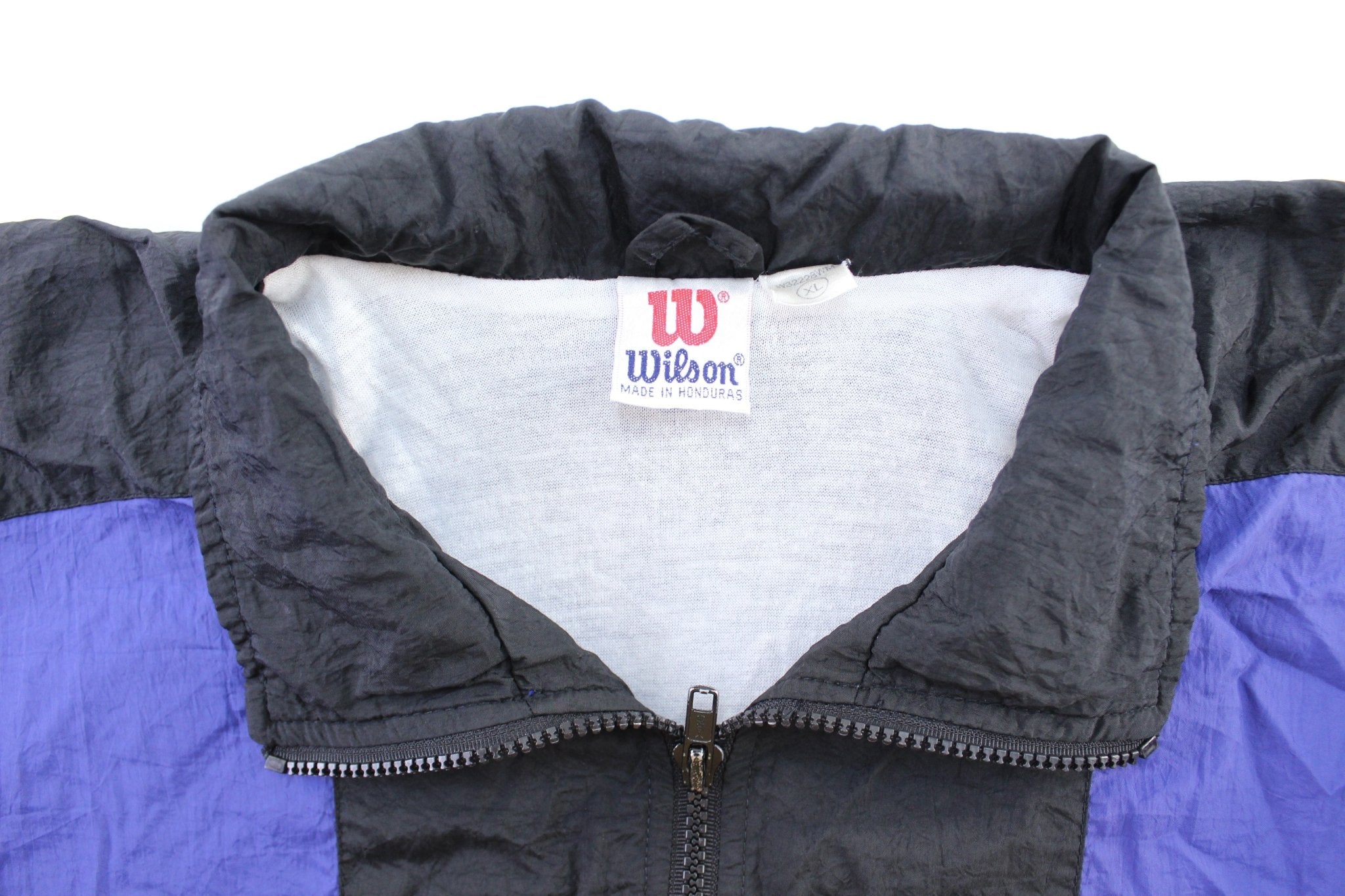 Women's 90's Wilson Embroidered Logo Black, Purple, & Aqua Windbreaker Jacket - ThriftedThreads.com