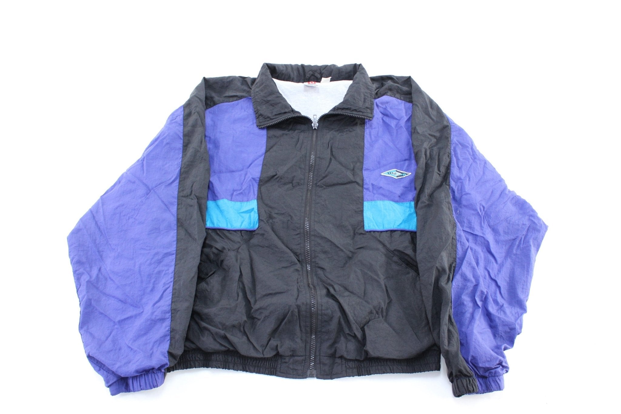 Women's 90's Wilson Embroidered Logo Black, Purple, & Aqua Windbreaker Jacket - ThriftedThreads.com