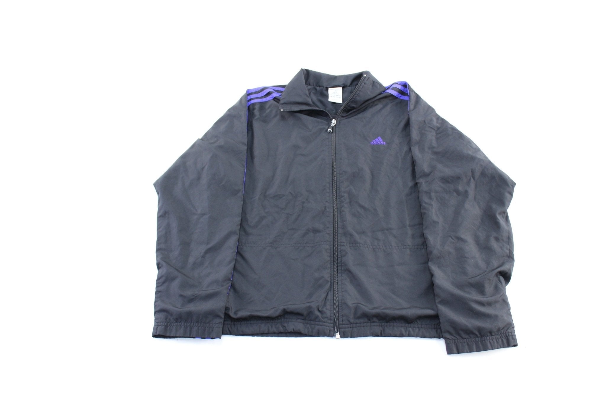 Women's Adidas Embroidered Logo Black & Purple Striped Zip Up Jacket - Jacket - Thrifted Threads