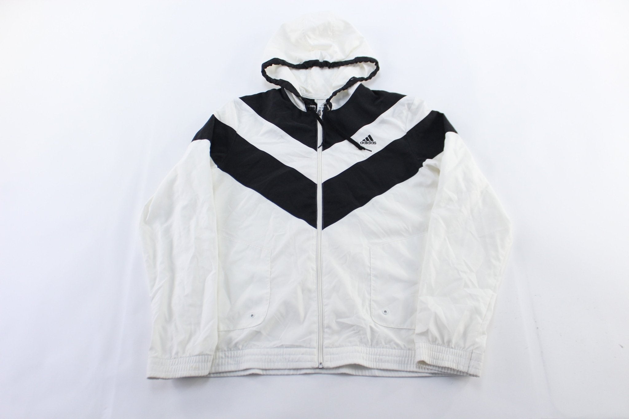 Women's Adidas Embroidered Logo Black & White Striped Zip Up Jacket - Jacket - Thrifted Threads