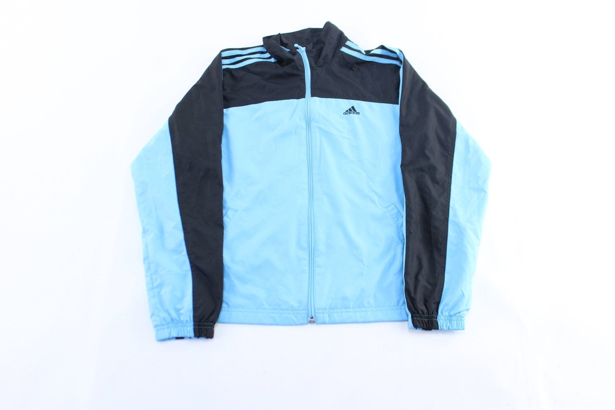 Women's Adidas Embroidered Logo Blue & Black Striped Zip Up Jacket - ThriftedThreads.com