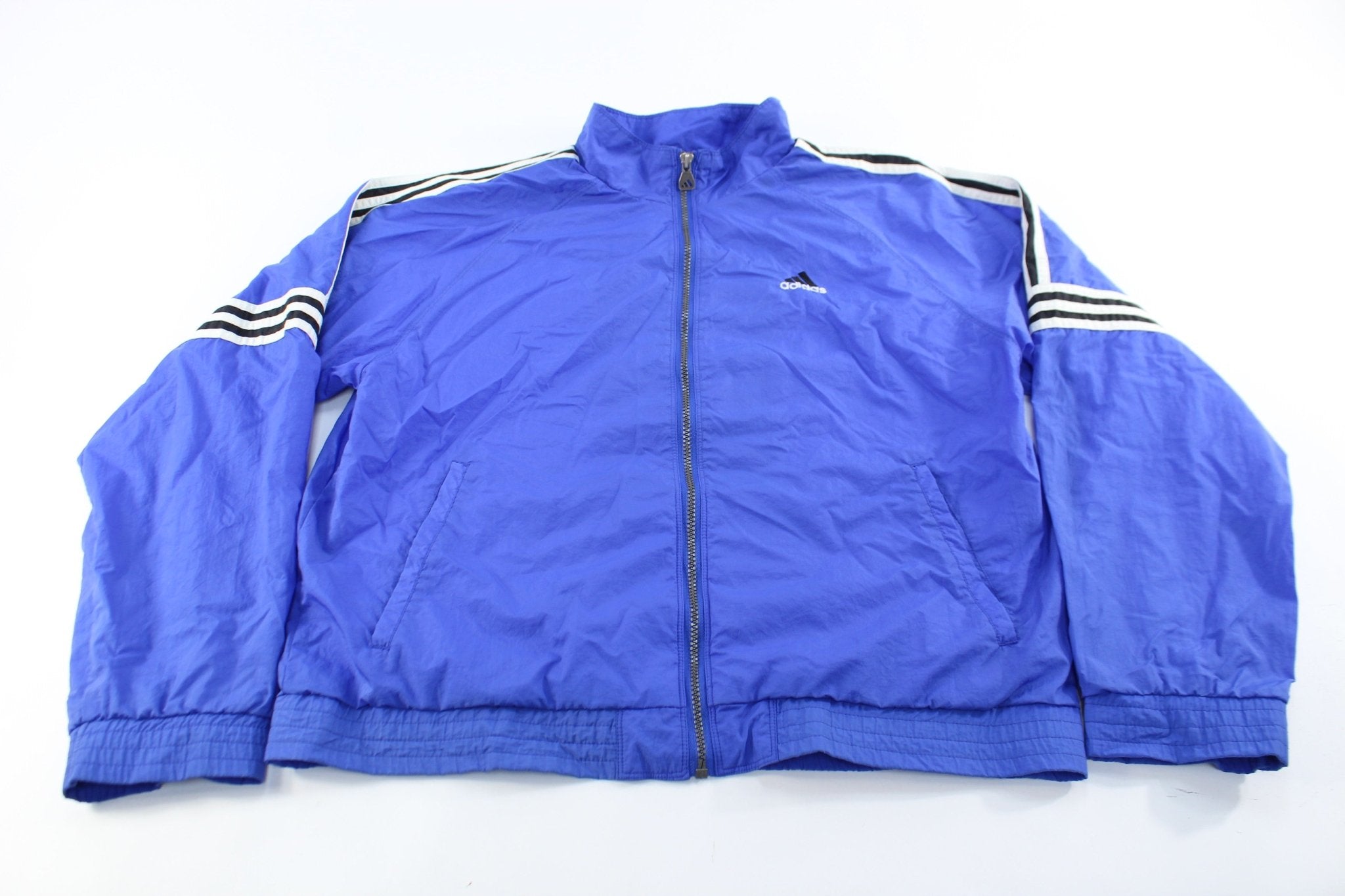 Women's Adidas Embroidered Logo Blue, Black, & White Striped Zip Up Jacket - ThriftedThreads.com