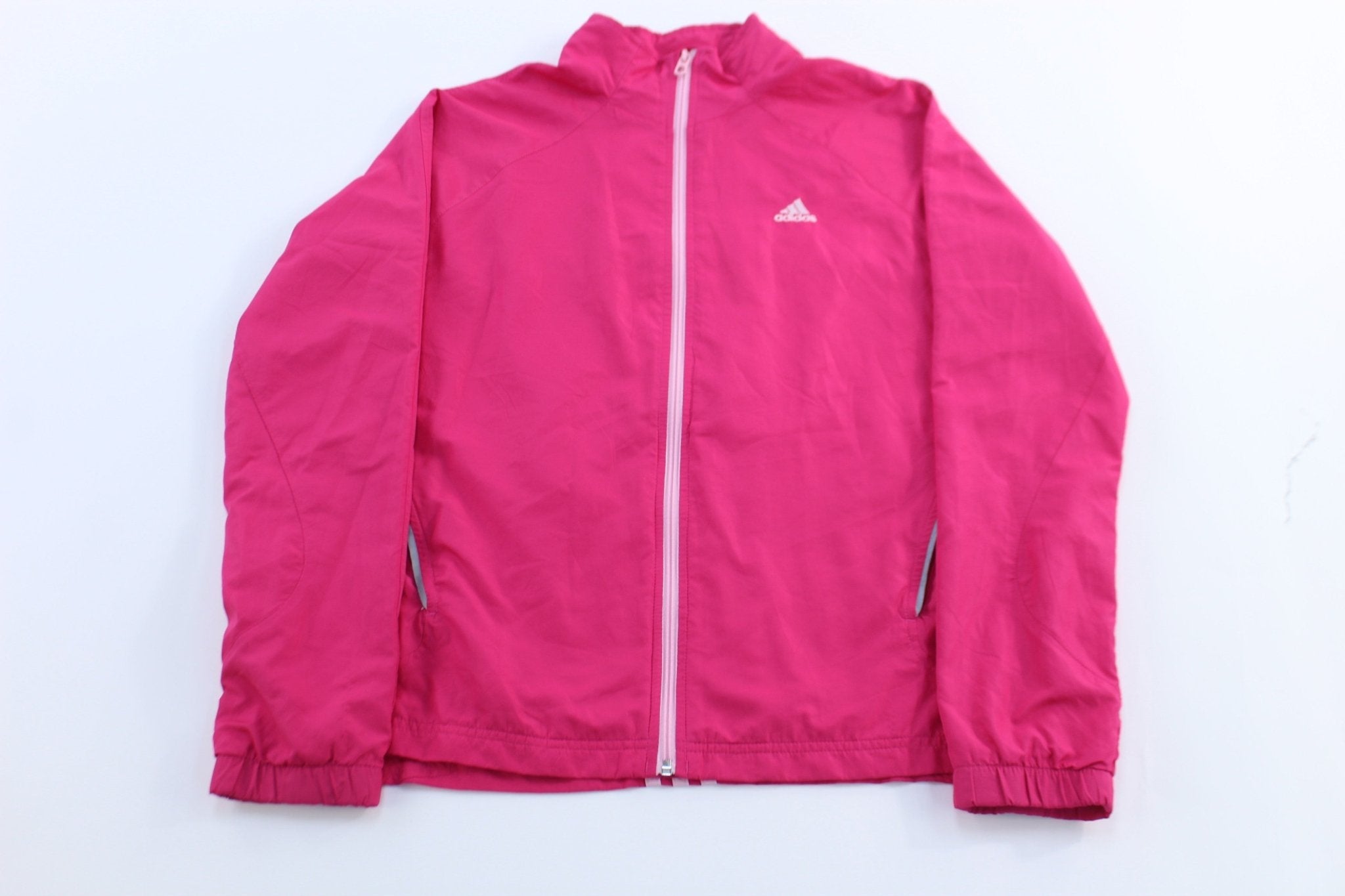 Women's Adidas Embroidered Logo Pink & White Striped Zip Up Jacket - Jacket - Thrifted Threads