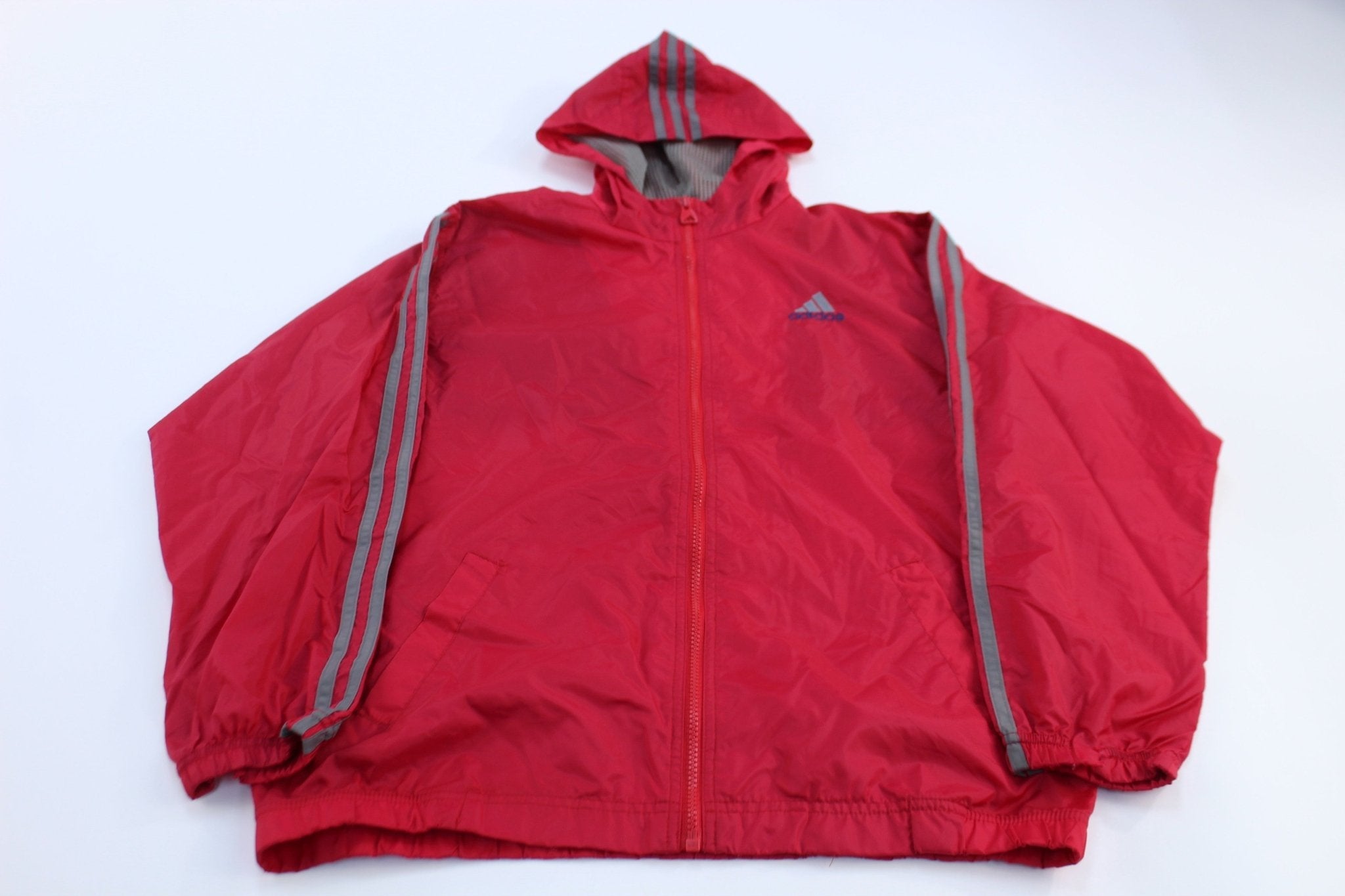 Women's Adidas Embroidered Logo Red & Grey Striped Zip Up Jacket - Jackets - Thrifted Threads