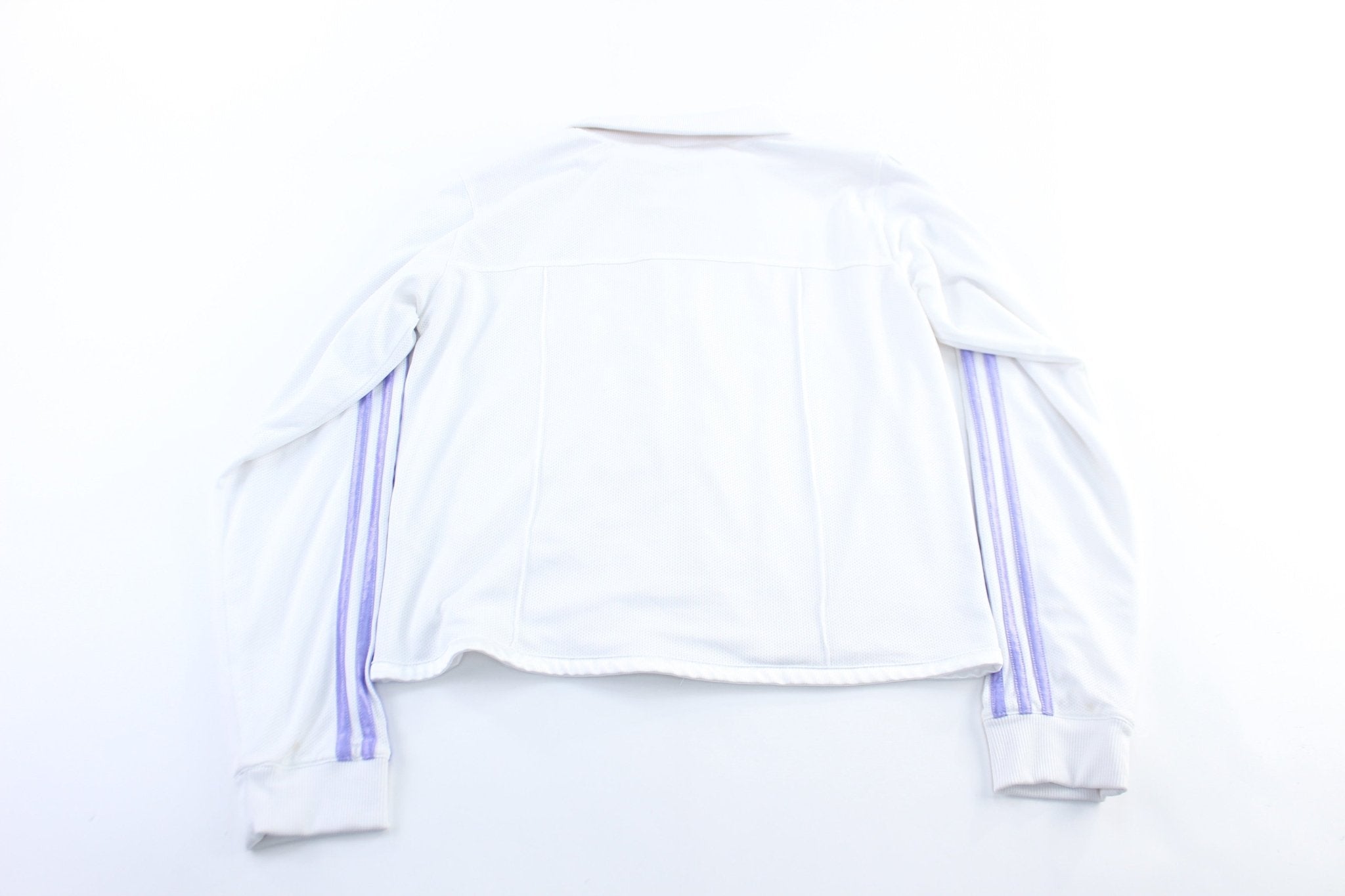Women's Adidas Embroidered Logo White & Purple Striped Zip Up Jacket - ThriftedThreads.com