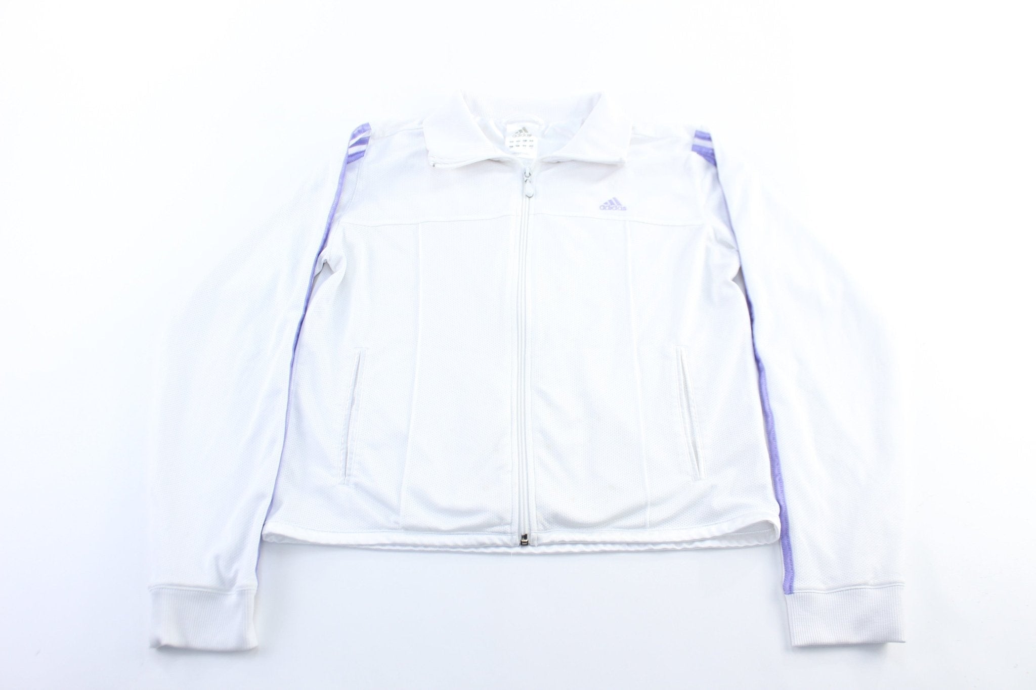 Women's Adidas Embroidered Logo White & Purple Striped Zip Up Jacket - Jacket - Thrifted Threads