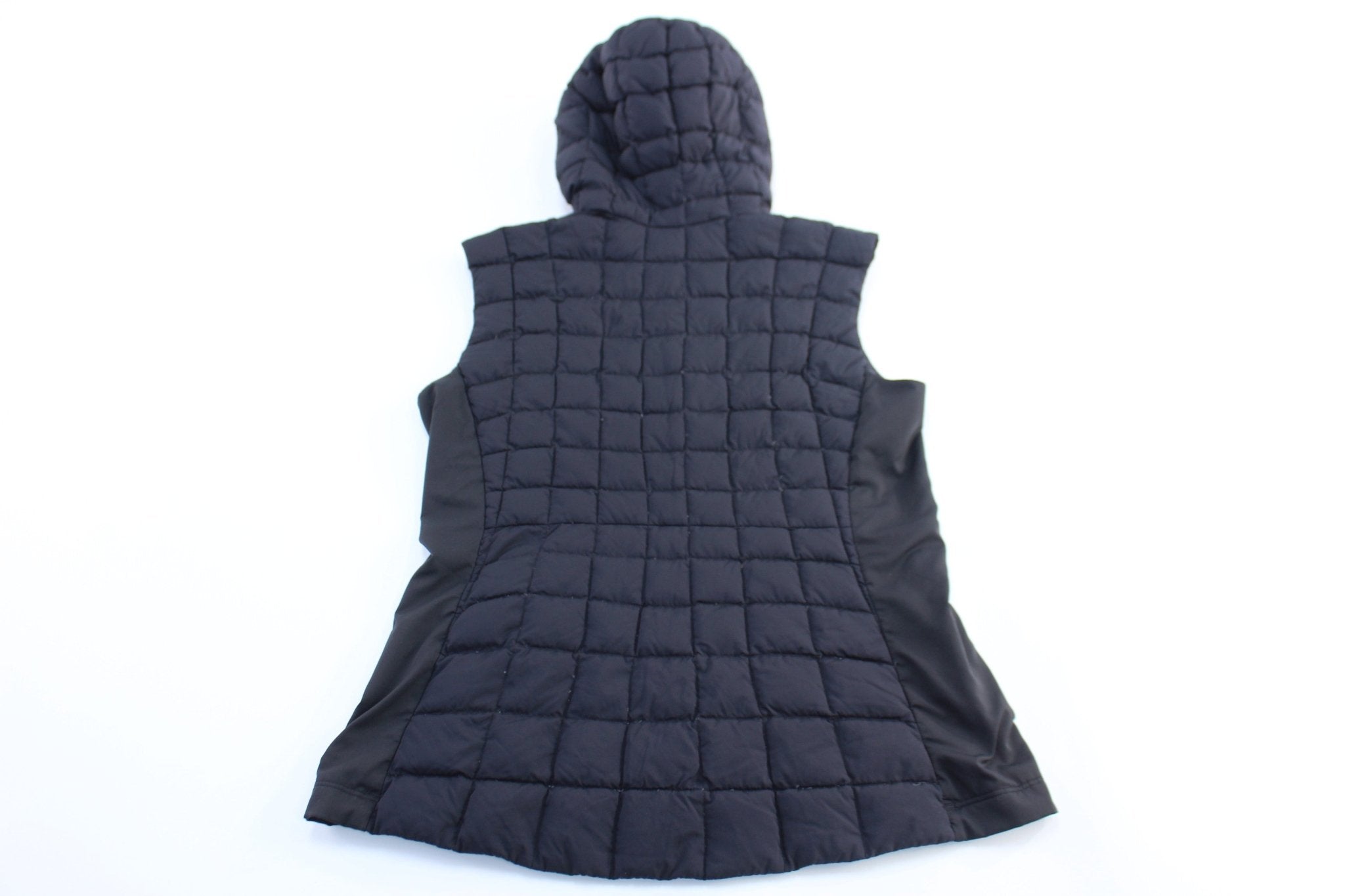 Women's Arc'teryx Logo Black Hooded Puffer Vest - ThriftedThreads.com