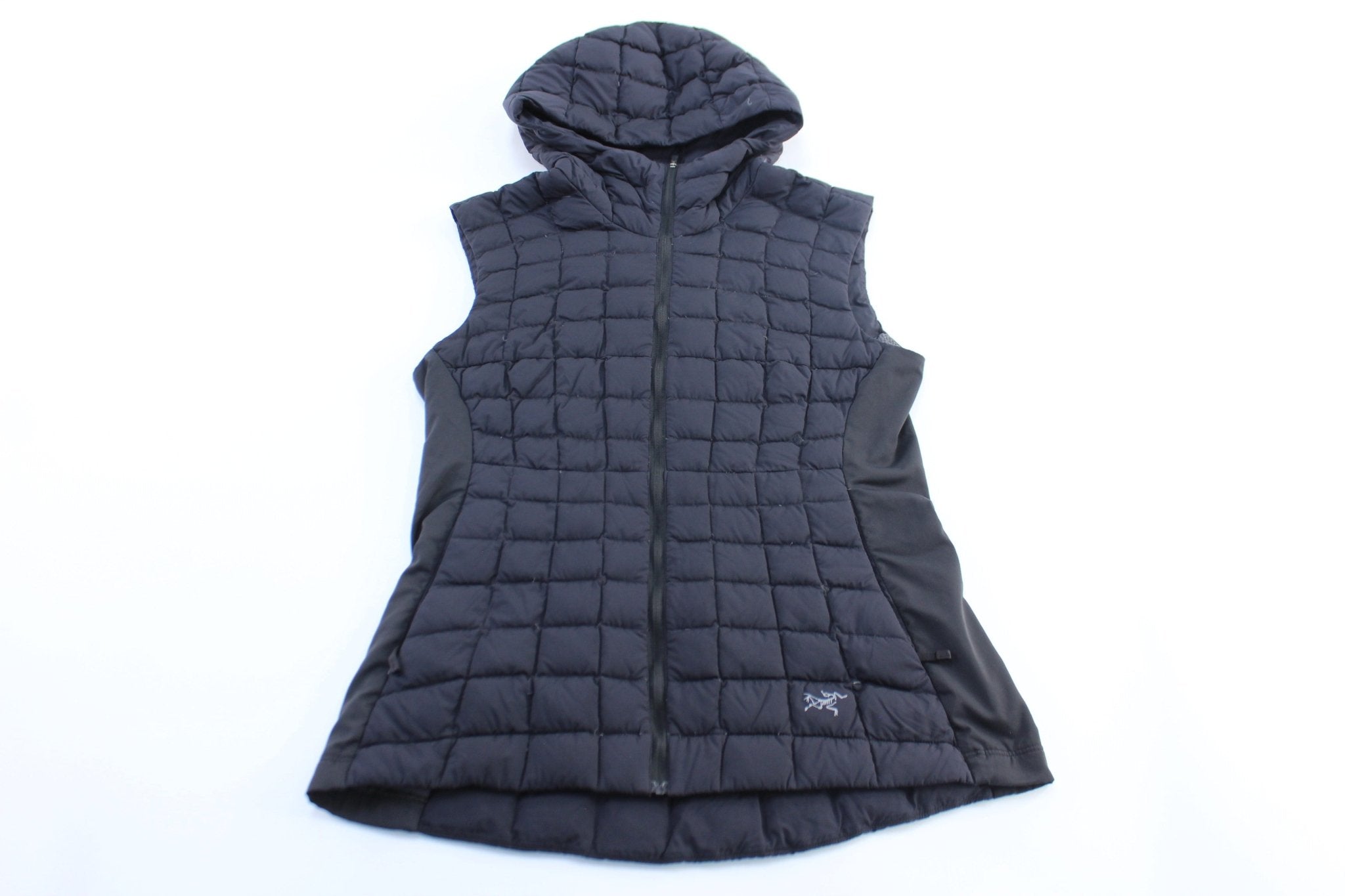 Women's Arc'teryx Logo Black Hooded Puffer Vest - ThriftedThreads.com