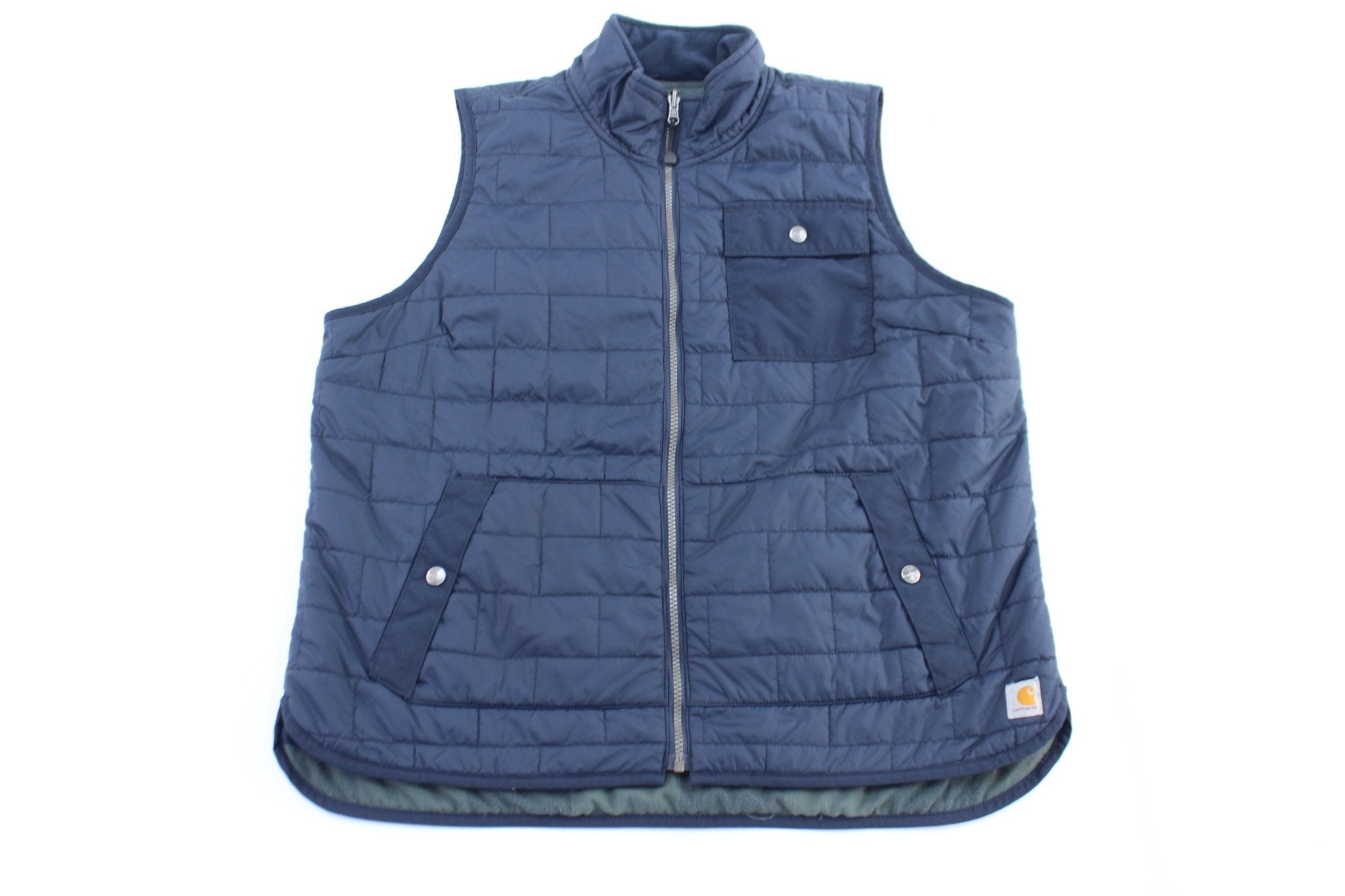 Women's Carhartt Logo Patch Blue & Green Reversible Vest - ThriftedThreads.com