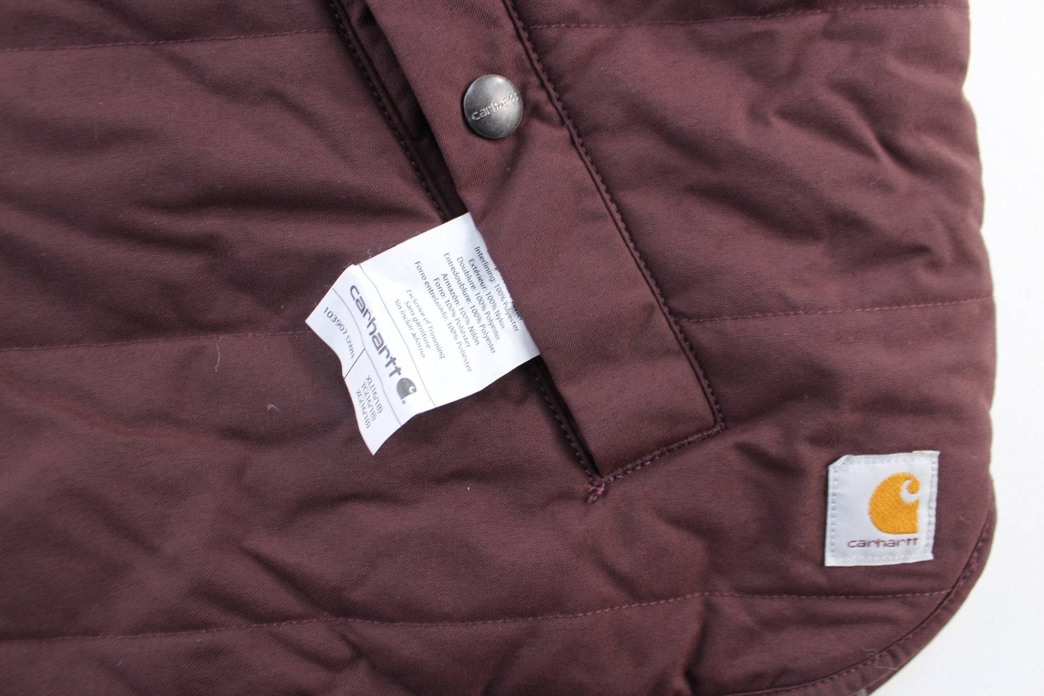 Women's Carhartt Logo Patch Burgundy & Grey Reversible Zip Up Vest - ThriftedThreads.com