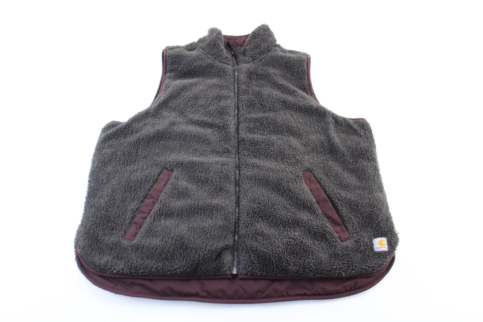 Women's Carhartt Logo Patch Burgundy & Grey Reversible Zip Up Vest - ThriftedThreads.com