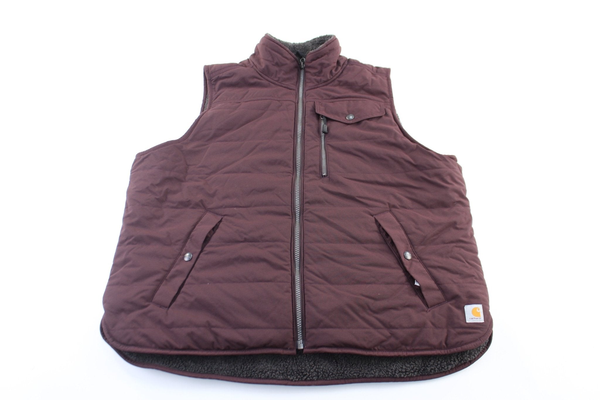 Women's Carhartt Logo Patch Burgundy & Grey Reversible Zip Up Vest - ThriftedThreads.com